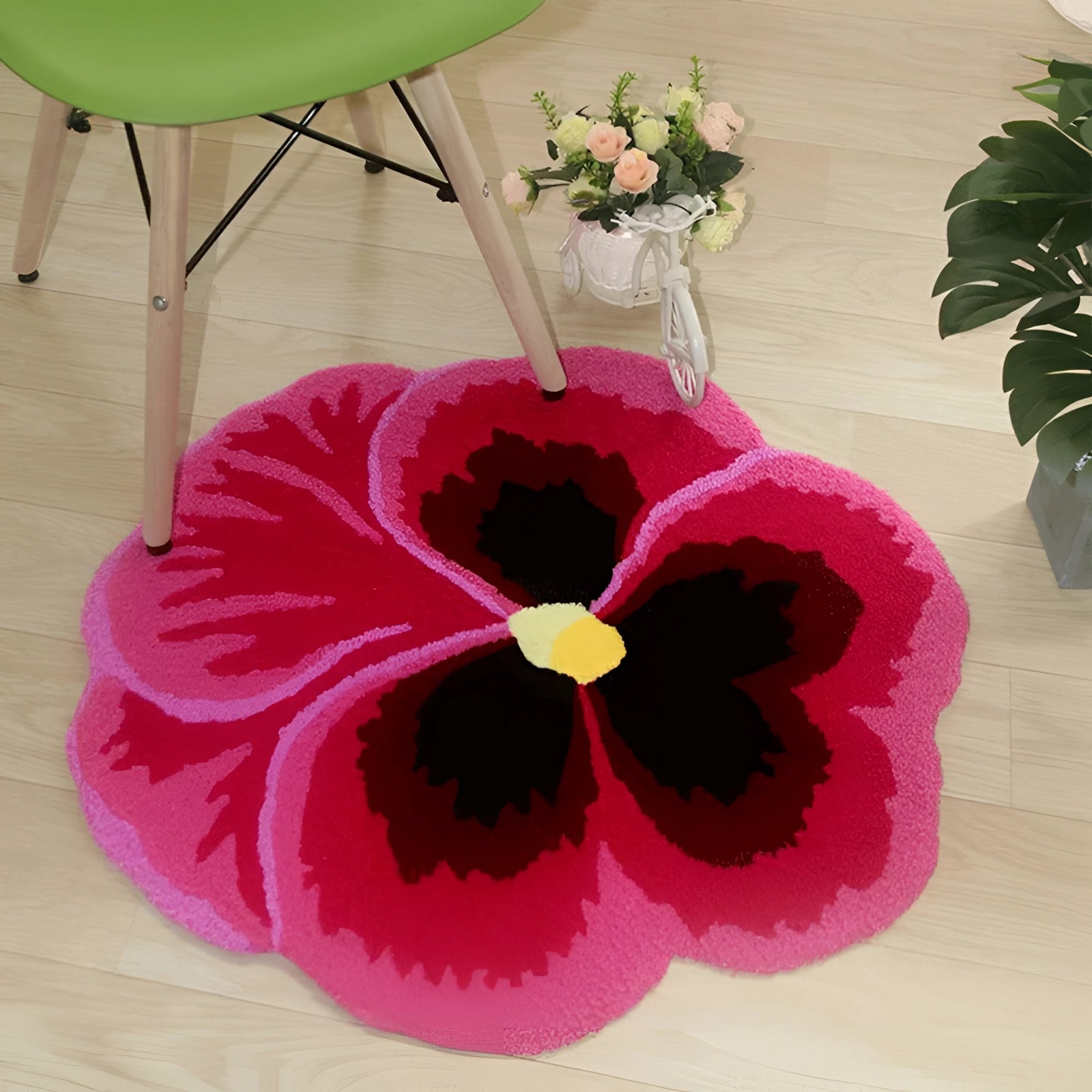 Pink tropical hibiscus rug featuring vibrant magenta flowers with detailed petals, suitable for colorful living room decor with a creative botanical theme.