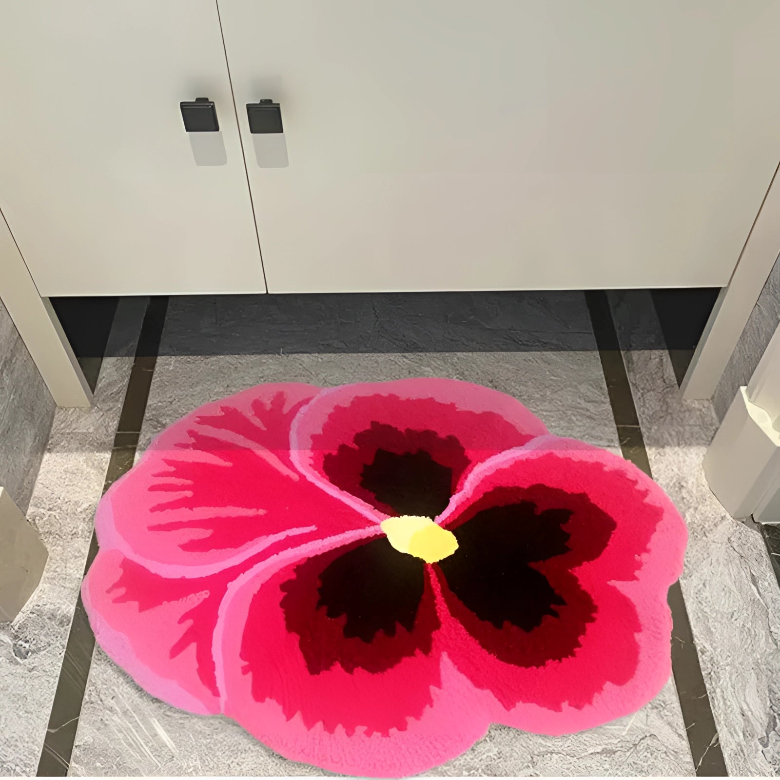 Pink hibiscus flower rug with magenta petals, designed in a rectangular shape, resembling an artificial Hawaiian hibiscus, suitable for colorful living room decor.