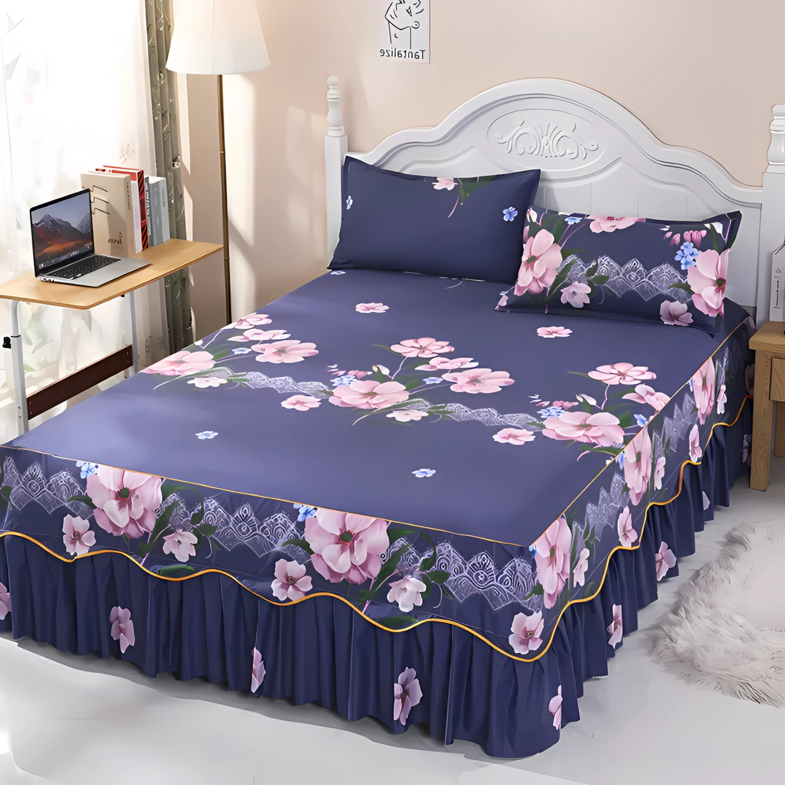 Floral Luxury Ice Silk Bedding Set with a ruffled skirt and pillowcase, displayed on a well-made bed with a hardwood floor. The bedding set features a smooth texture and elegant floral design, suitable for a 200x220cm bed.