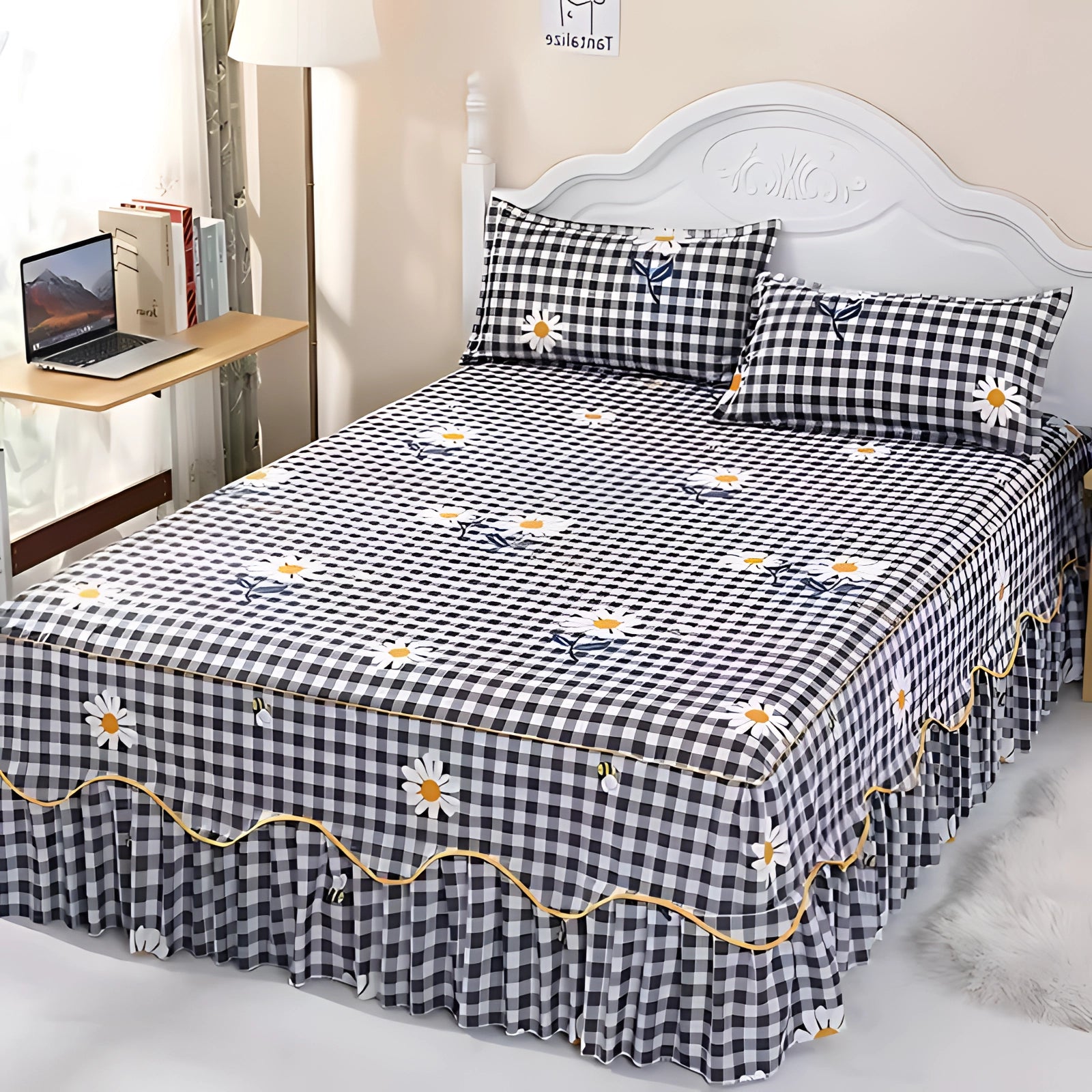 Floral luxury ice silk bedding set featuring a ruffled skirt and matching pillowcase, elegantly displayed on a wooden bed frame in a spacious room with wooden flooring.