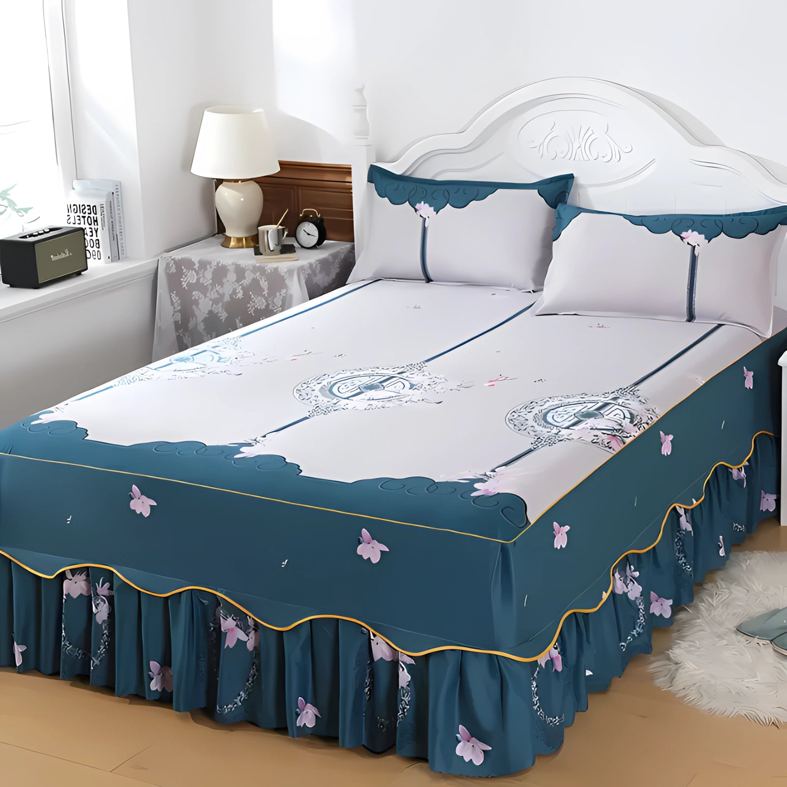 Floral Luxury Ice Silk Bedding Set with Ruffled Skirt & Pillowcase, featuring a 200x220cm size, elegantly draped over a bed with a rectangular frame. The set includes a ruffled bed skirt and pillowcase in a luxurious textile, designed to enhance comfort and add a sophisticated touch to the bedroom furniture.