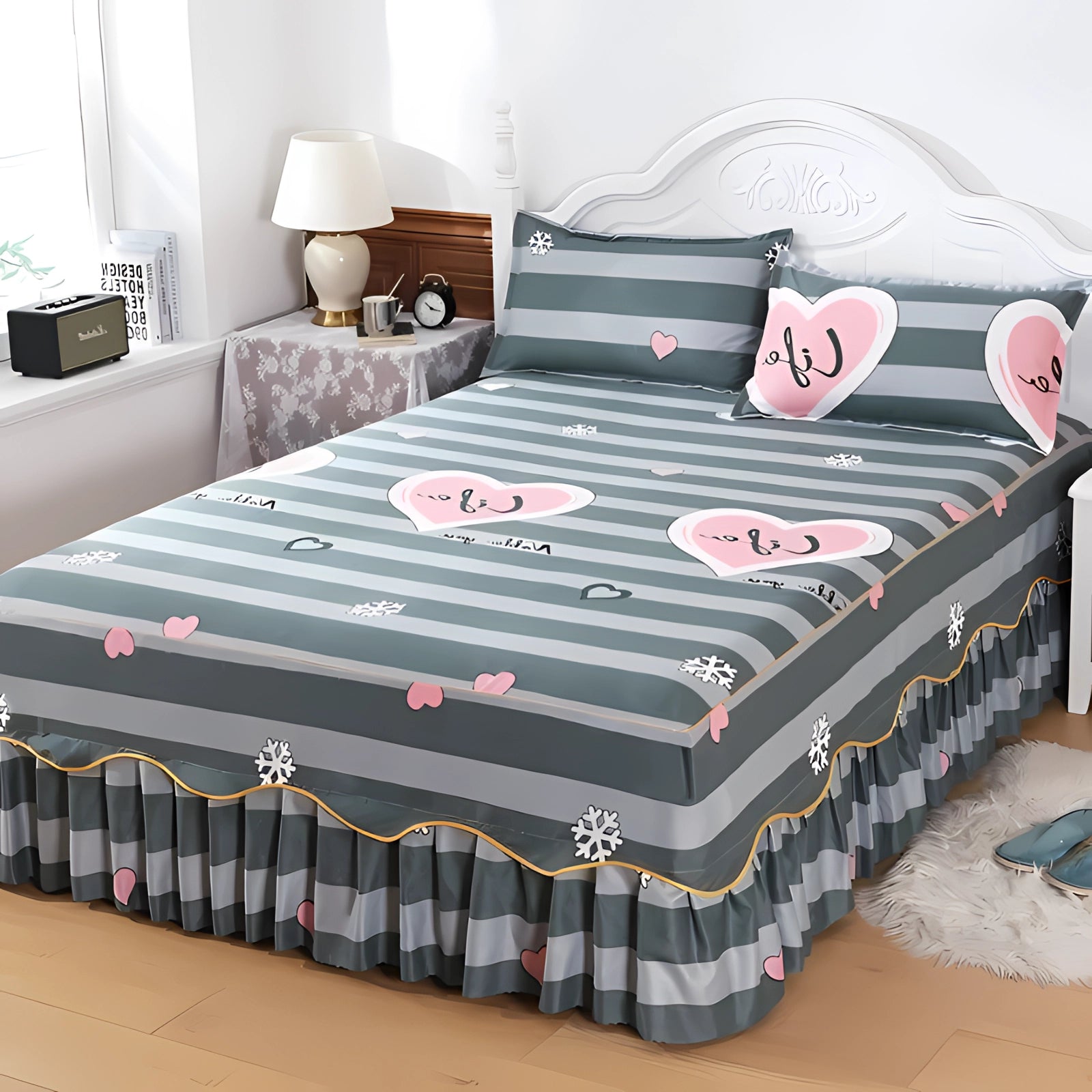 Floral Luxury Ice Silk Bedding Set with Ruffled Skirt & Pillowcase in grey, displayed on a wooden bed frame with a 200x220cm size, featuring a luxurious and elegant design with a ruffled skirt and matching pillowcase.