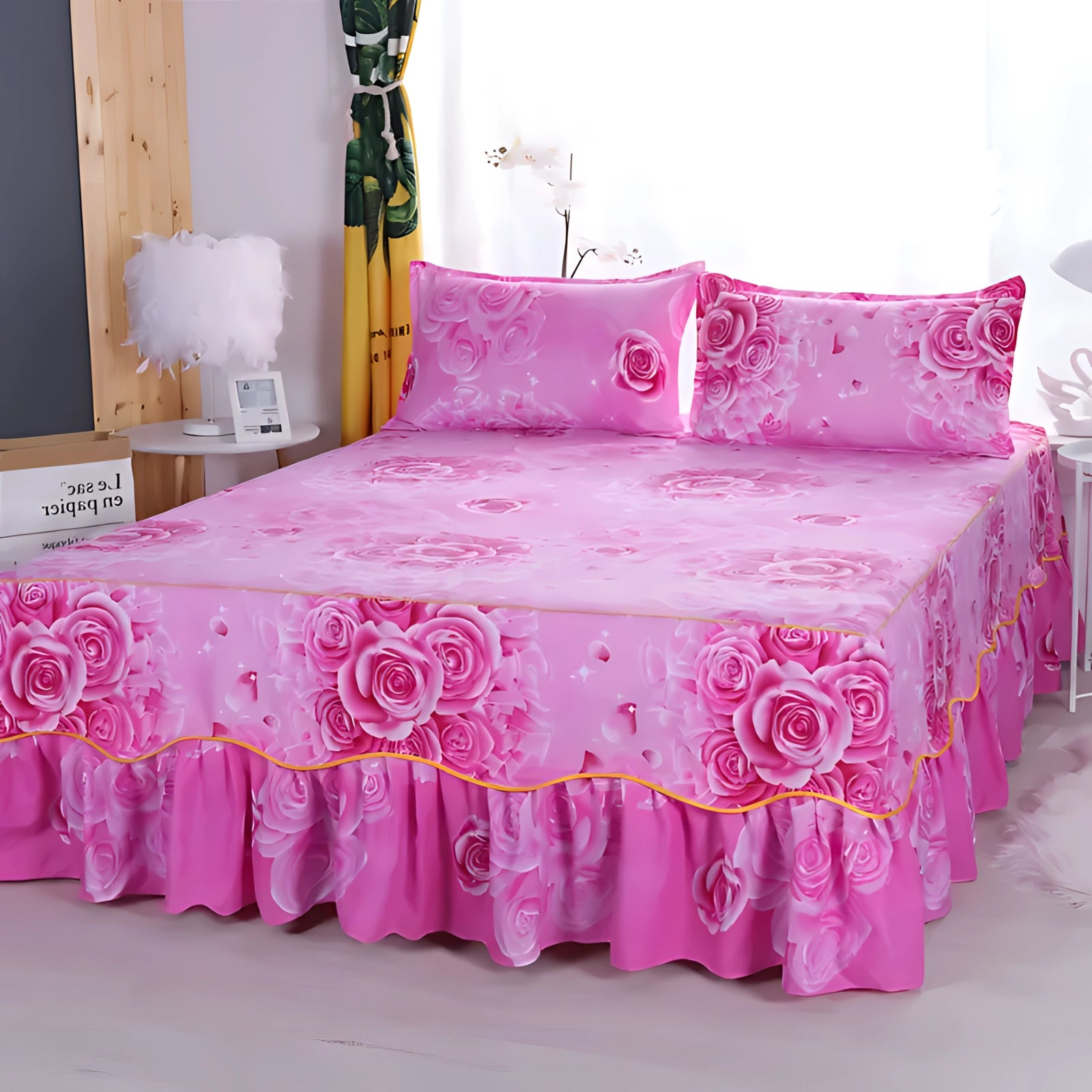 Floral luxury ice silk bedding set with ruffled skirt and pillowcase in shades of purple and pink displayed on a neatly made bed in a stylishly decorated room with a window.