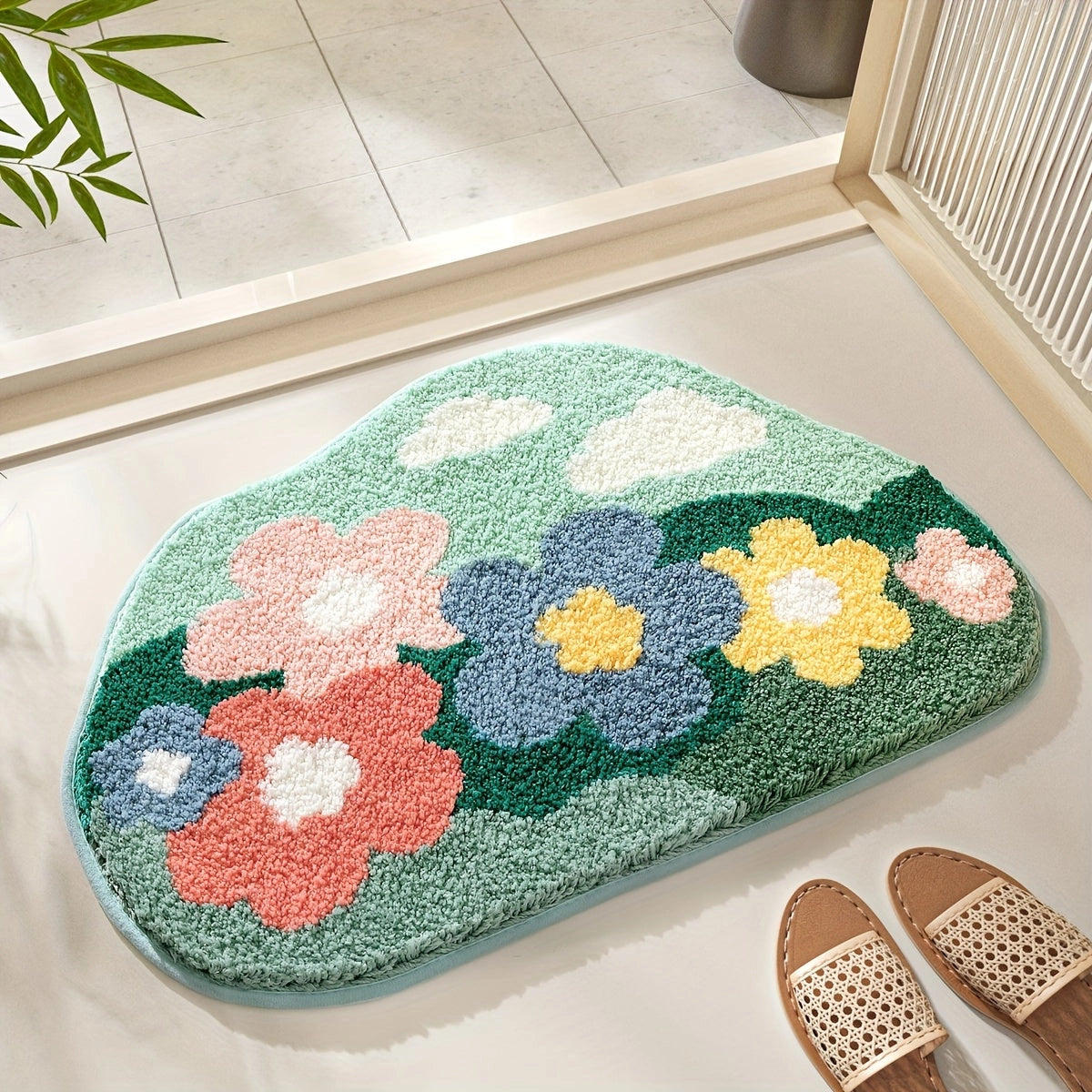 Floral Non-Slip Water-Absorbent Bath Mat - Soft Plush Rug