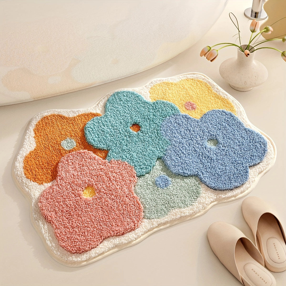 Floral Non-Slip Water-Absorbent Bath Mat - Soft Plush Rug