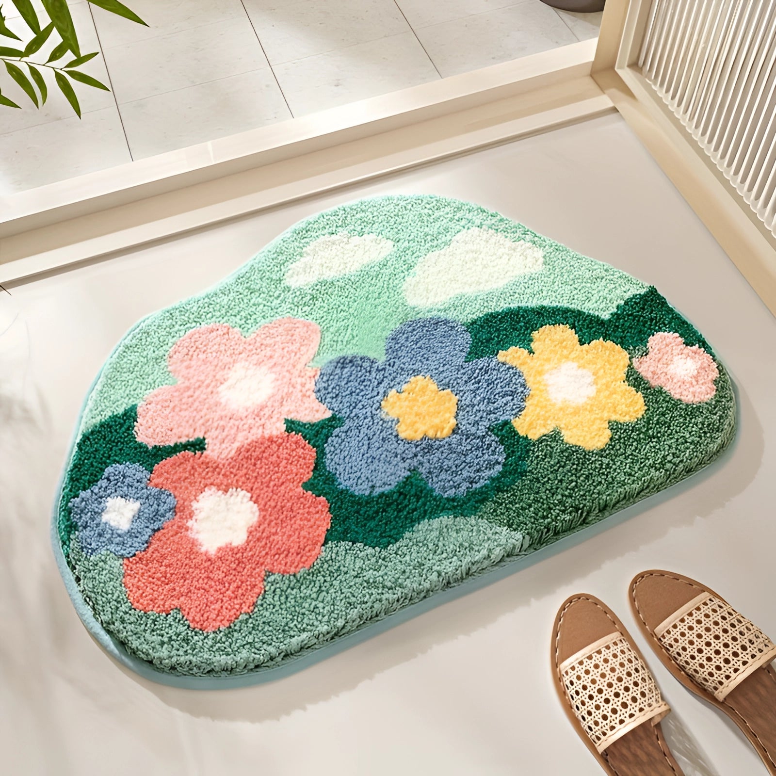 Floral Non-Slip Water-Absorbent Bath Mat - Soft Plush Rug