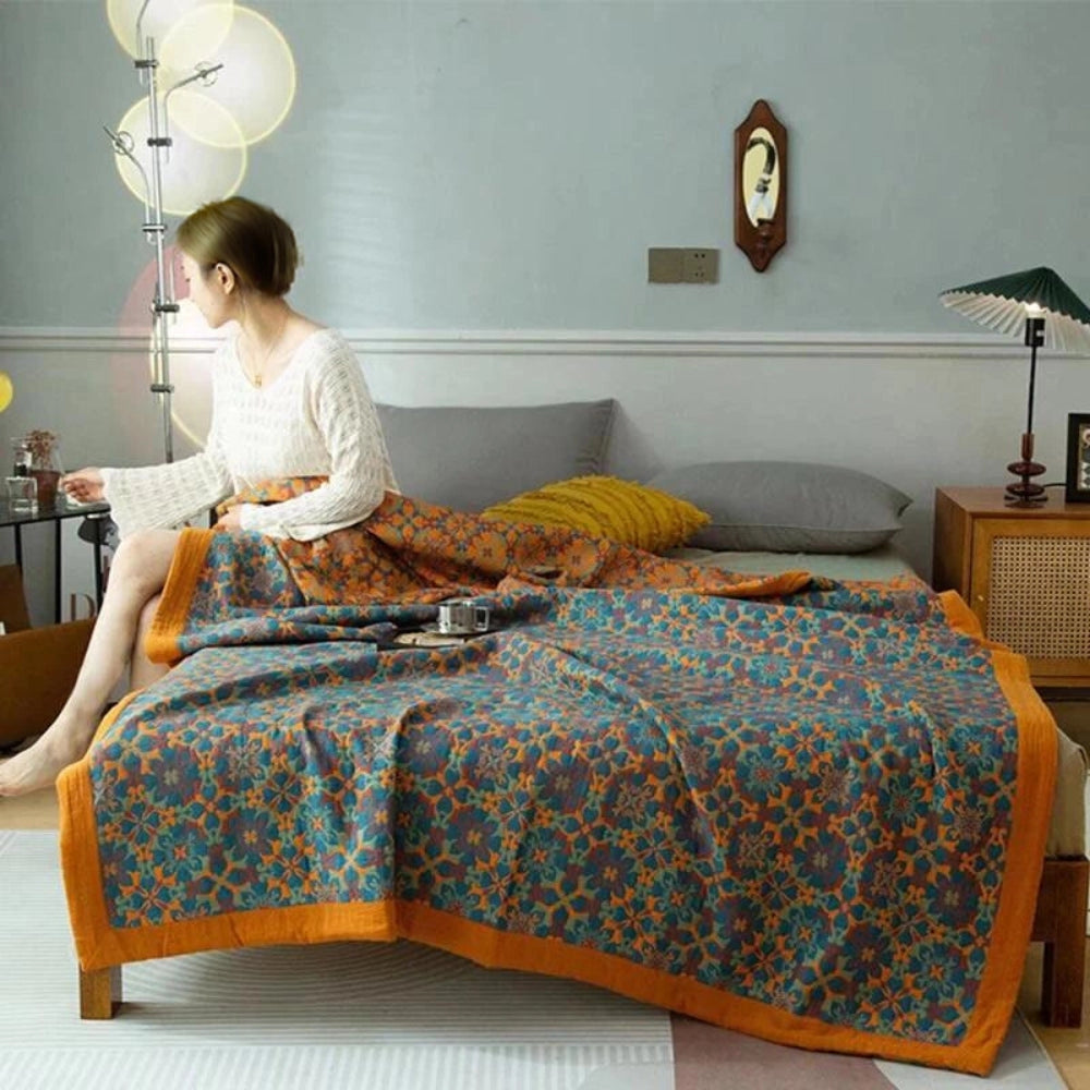 Floral Pattern Blue Orange Bohemian Scarf - Winter Fashion Accessory