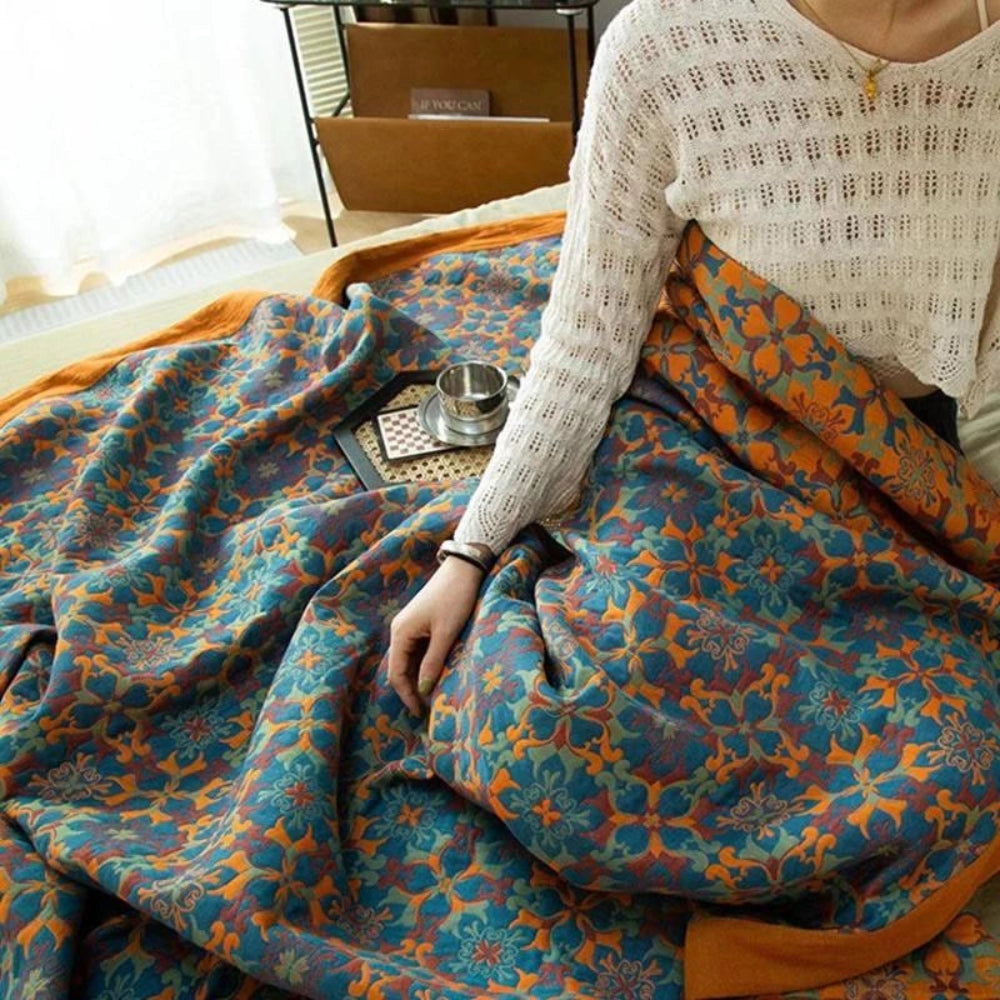 Floral Pattern Blue Orange Bohemian Scarf - Winter Fashion Accessory