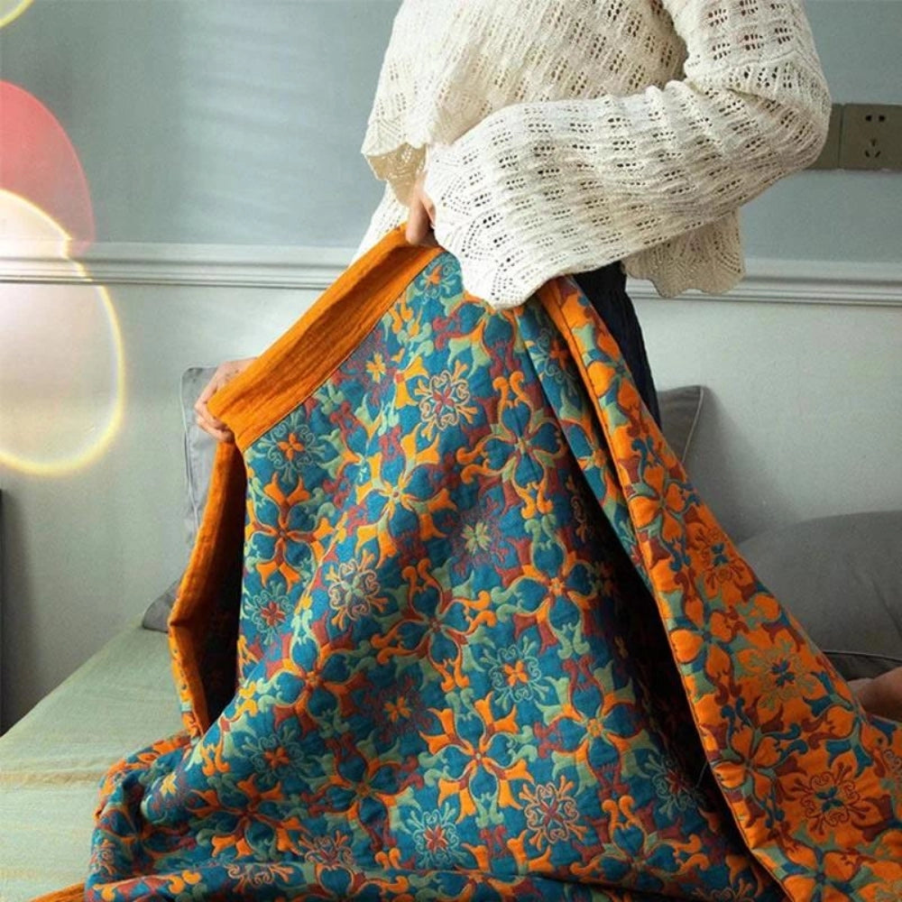 Floral Pattern Blue Orange Bohemian Scarf - Winter Fashion Accessory