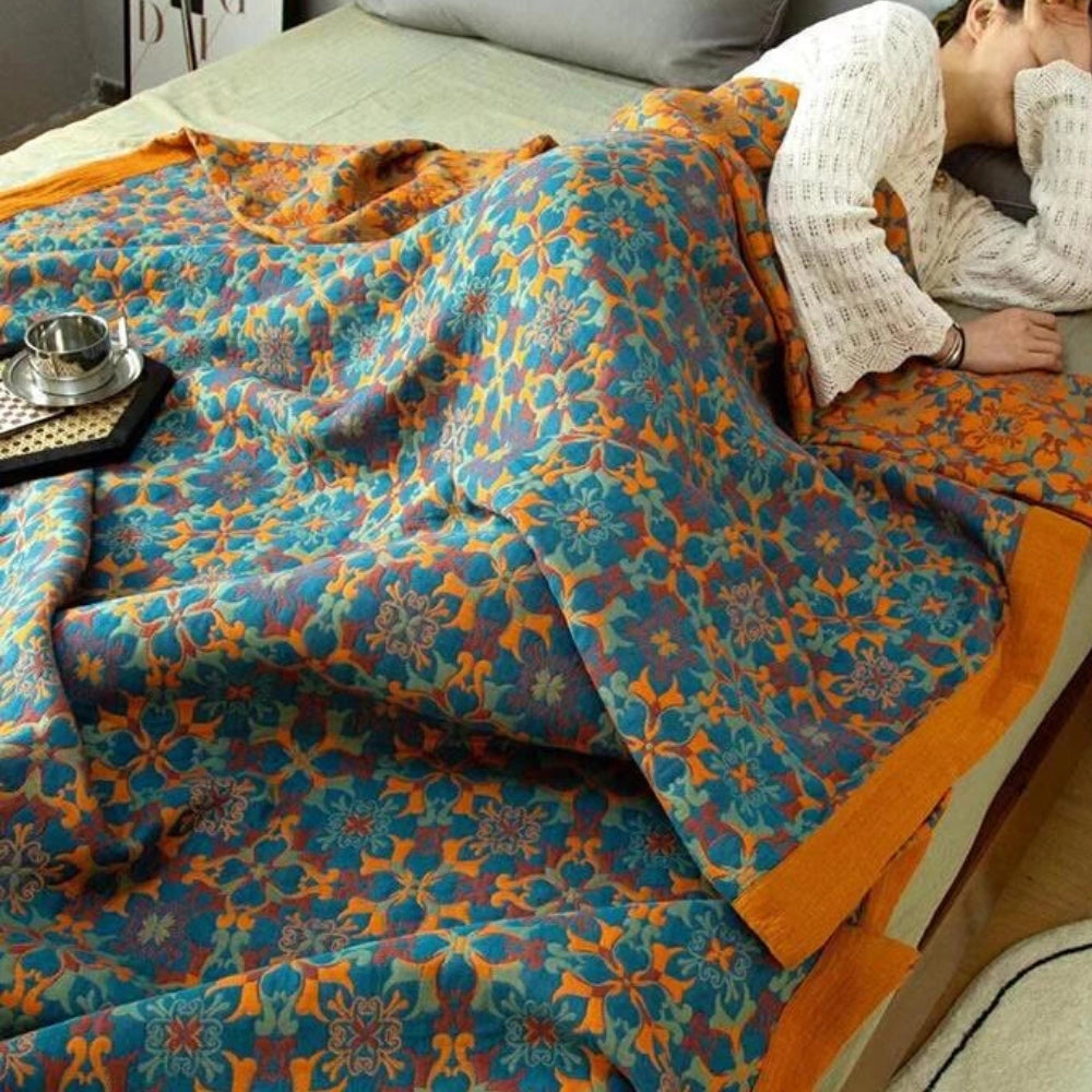 Floral Pattern Blue Orange Bohemian Scarf - Winter Fashion Accessory