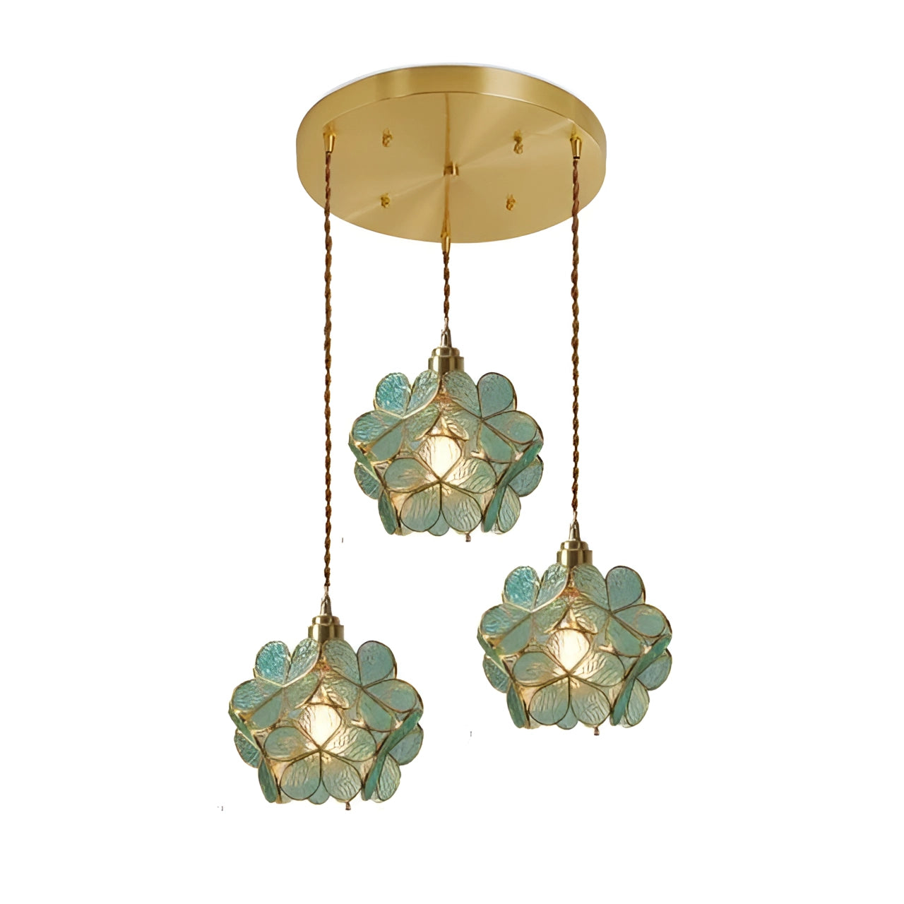 Modern designer floral pendant light, green triple blossom ceiling lamp, 22x21cm, with metal and glass shades hanging from ceiling.