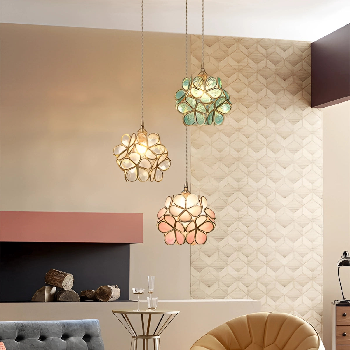 Modern floral pendant light with wooden elements and yellow blossom shade, hanging in a stylish interior setting.