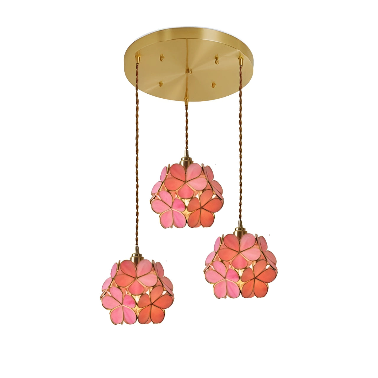 Modern floral pendant light with pink triple blossom design, featuring petal-shaped elements and a 22x21cm size.