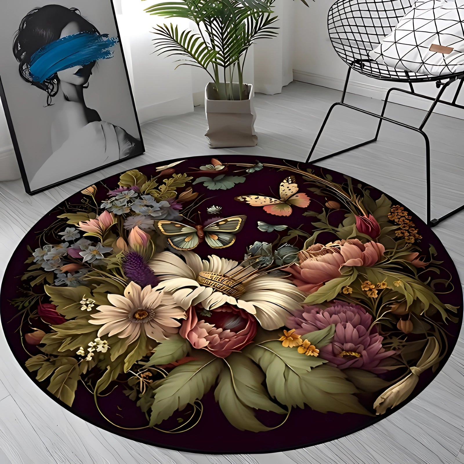 A round rug featuring a vibrant 3D floral and butterfly pattern, showcasing a botanical design with green and colorful petals, enhancing the interior decor with its artistic textile elements.