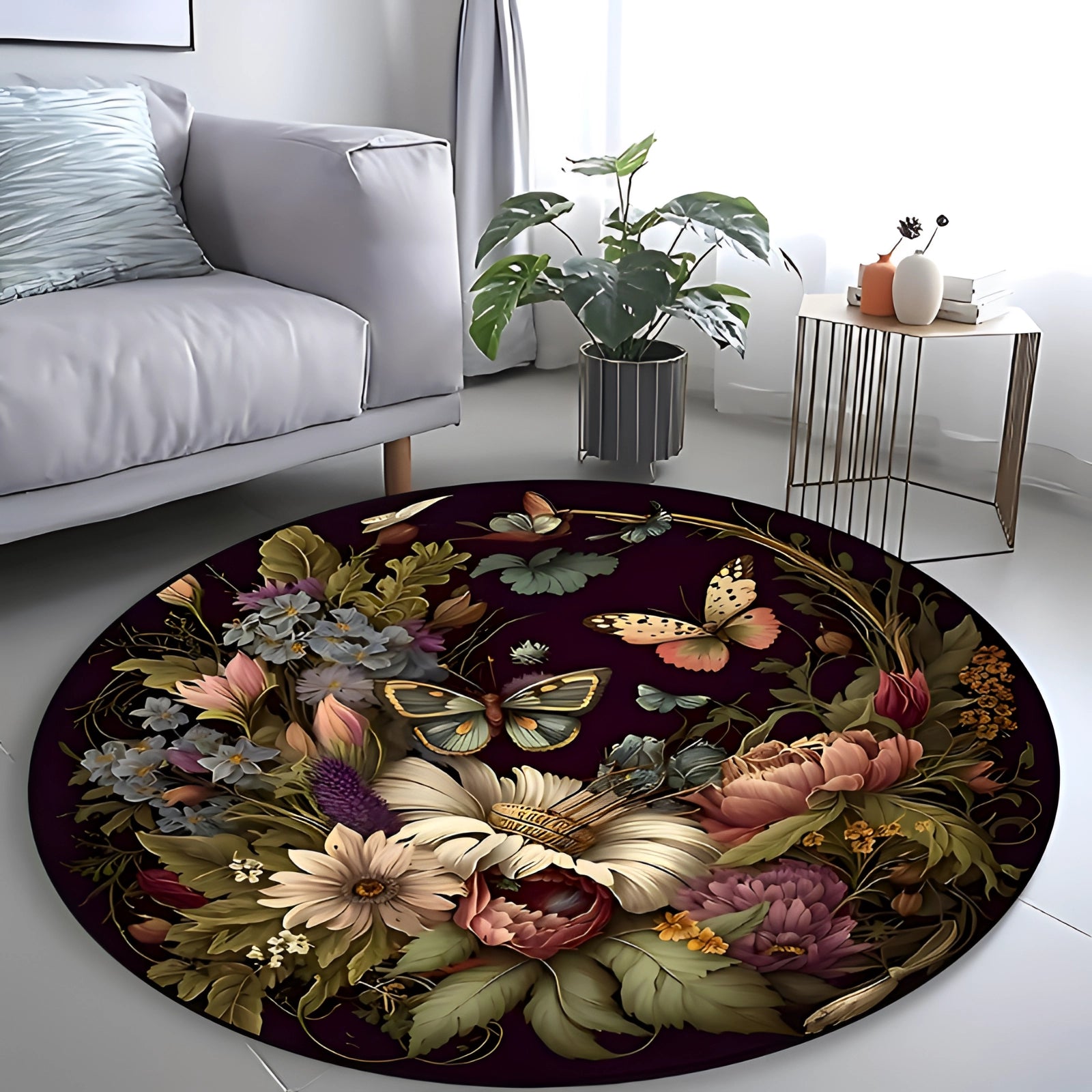 Floral round rug with a 3D flower and butterfly pattern displayed in a room setting with furniture including a couch, table, and chair, enhancing the botanical theme through interior design elements.