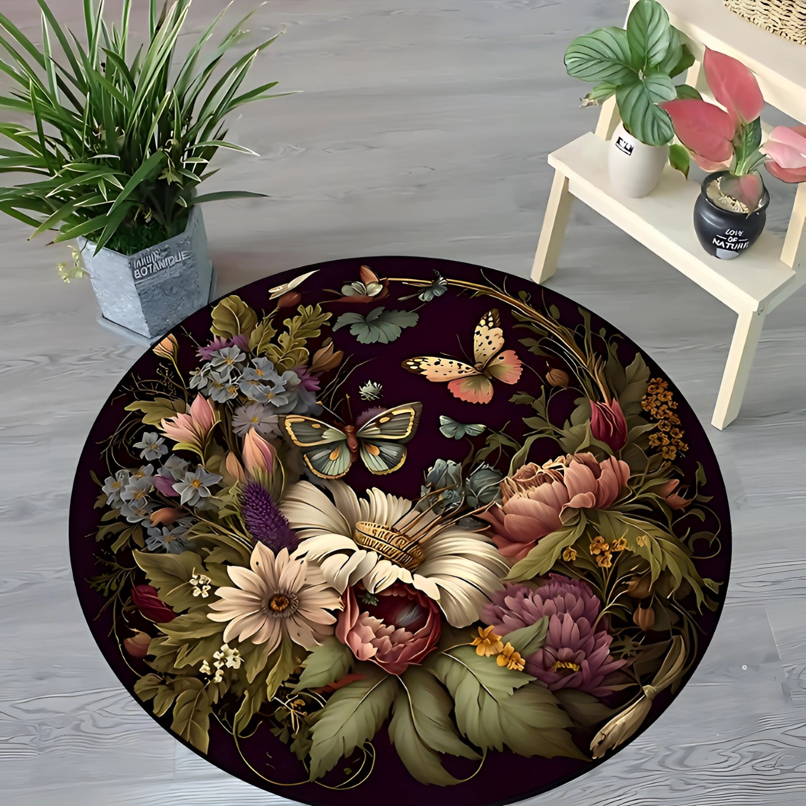 Floral round rug featuring a 3D flower and butterfly pattern with intricate botanical designs.