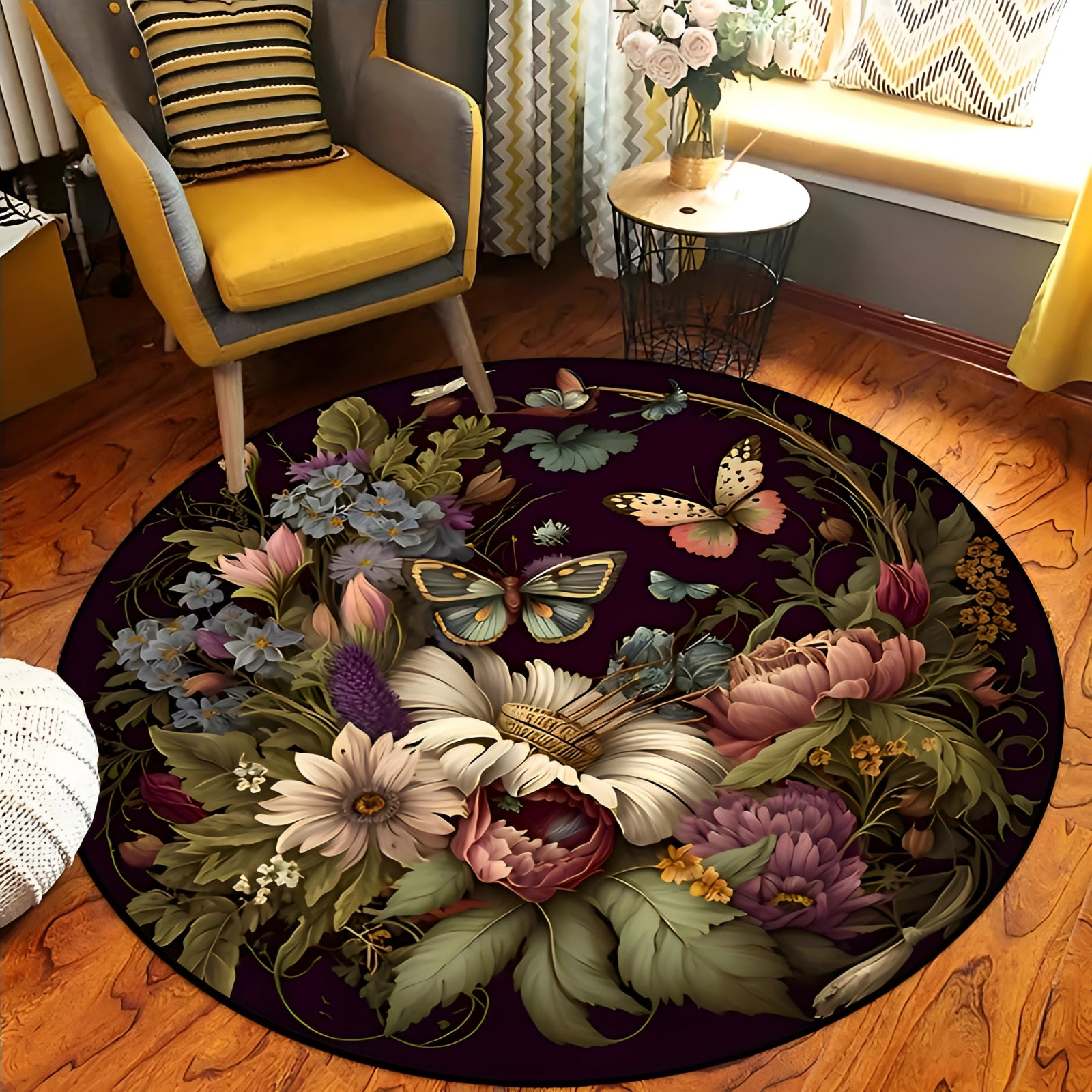 A round floral rug with a 3D flower and butterfly pattern in a room with wooden flooring, surrounded by furniture including a couch, chair, and table, featuring purple and botanical design elements.
