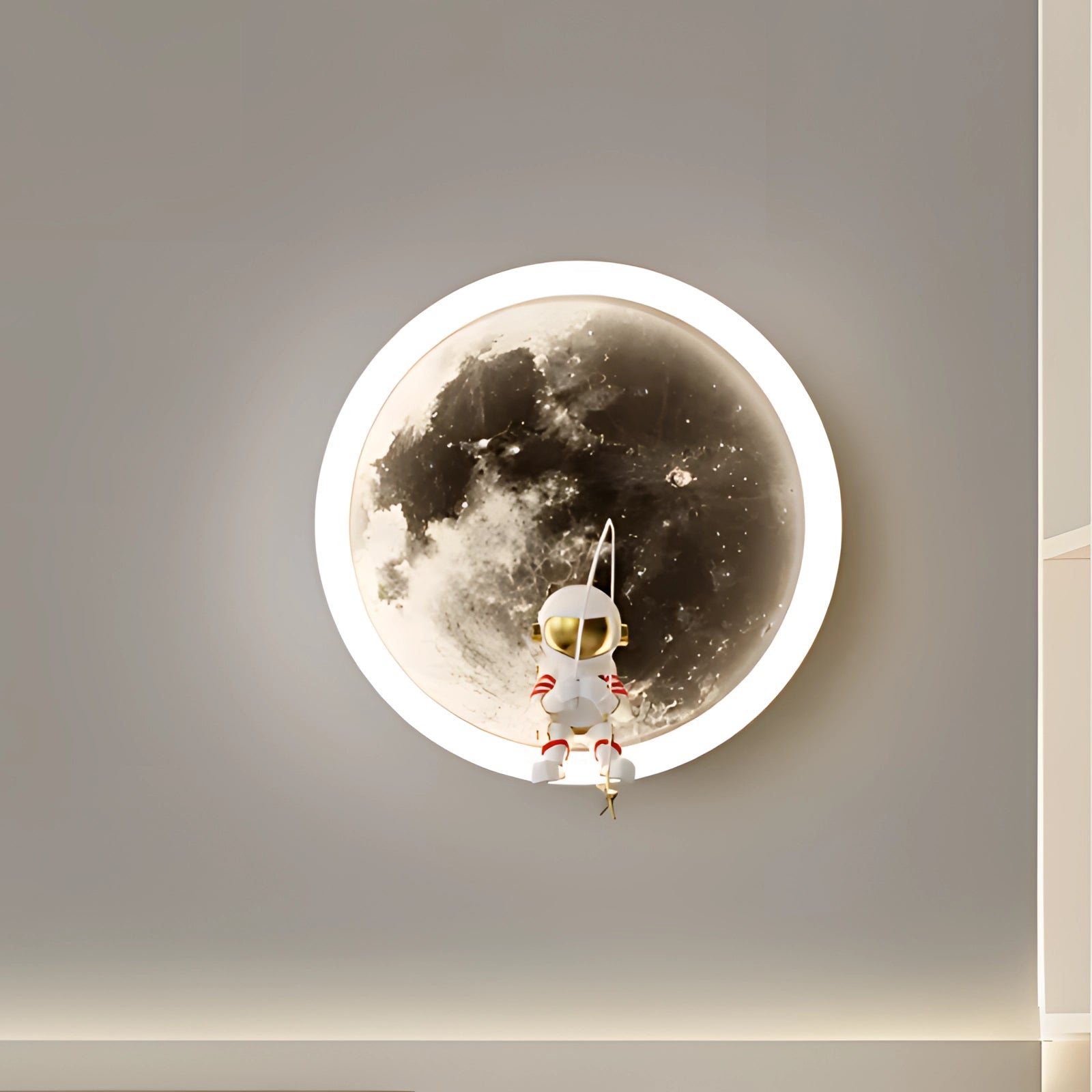 A modern ceiling light fixture featuring an astronaut design with a starry sky theme, predominantly in white, showcasing a blend of astronomical elements and contemporary art aesthetics.