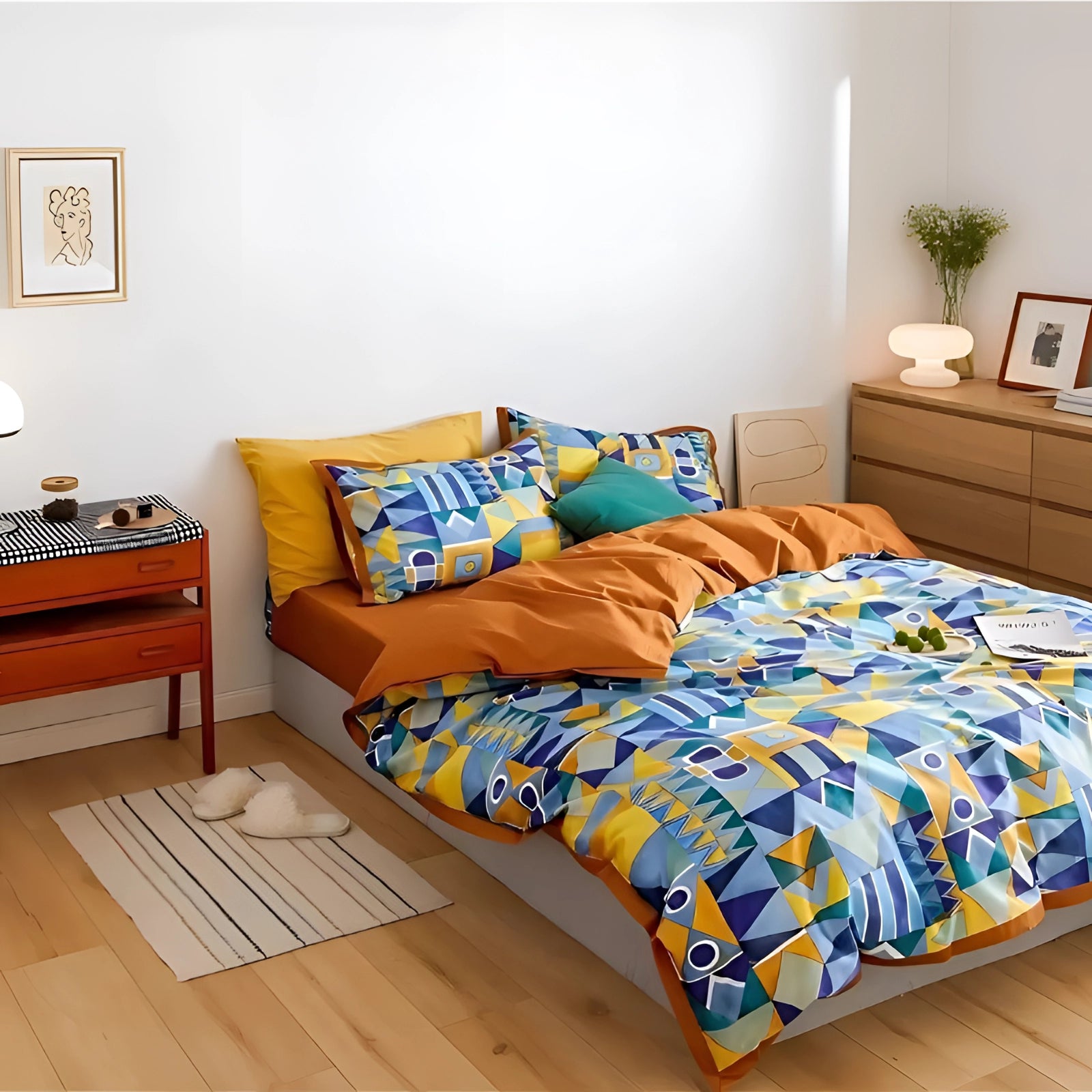 Geometric pattern Egyptian cotton duvet cover in a modern decor setting, featuring azure and orange hues, displayed in a bedroom with wooden furniture, a table, picture frame, and comfortable pillows.