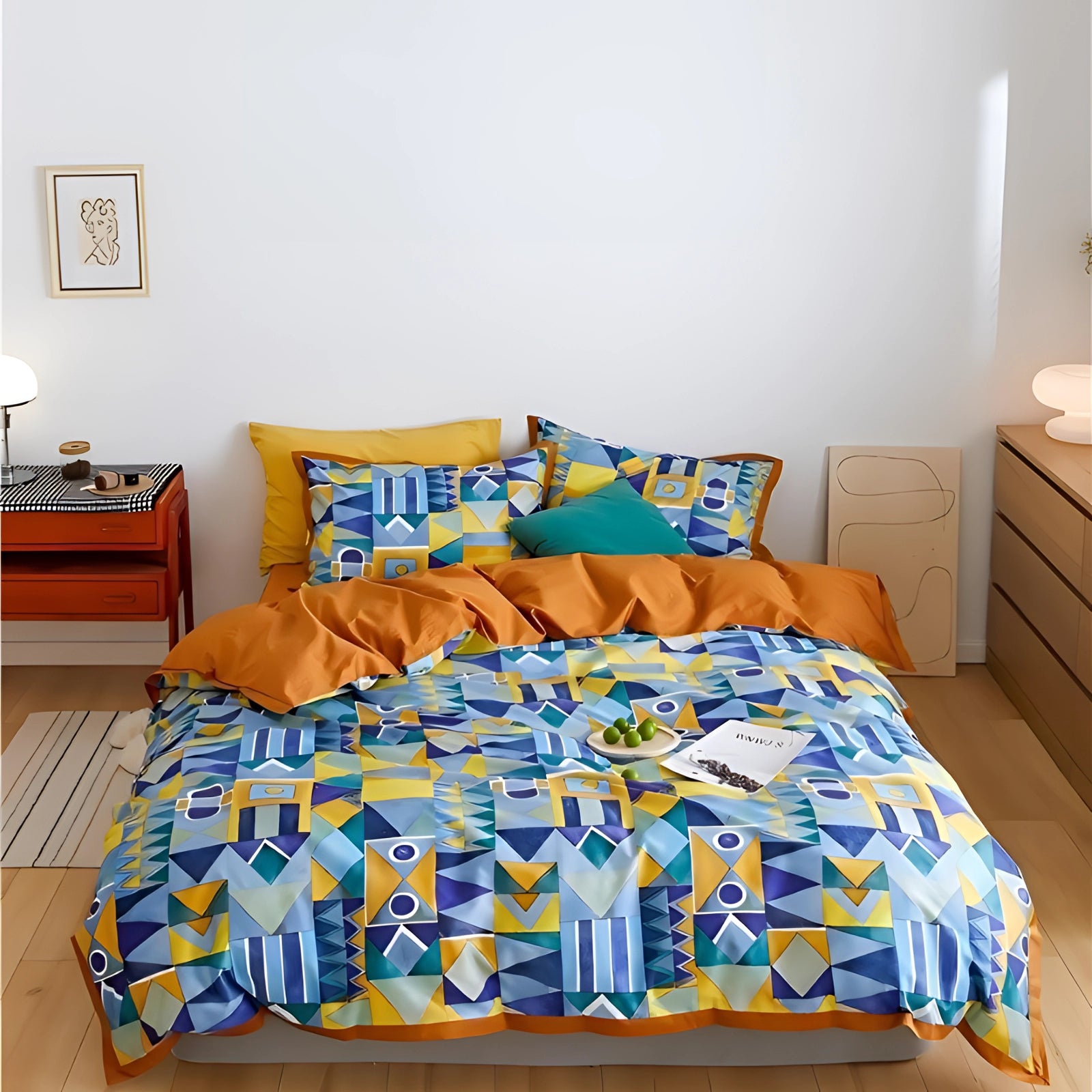 Geometric pattern Egyptian cotton duvet cover in a modern decor bedroom, featuring a comfortable bed with azure and white tones, matching pillows, a wooden bed frame, and a window in the background.