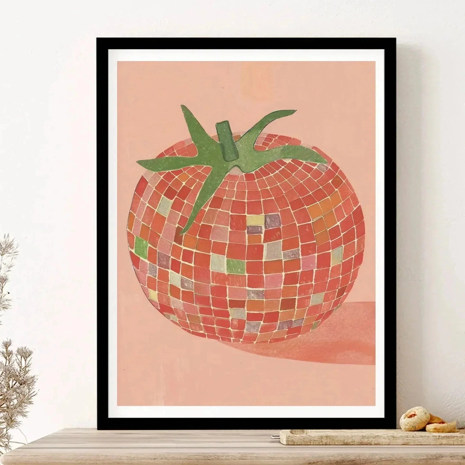 Geometric strawberry art poster with a modern design, featuring a stylized strawberry pattern on a rectangular canvas, ideal for kitchen wall decor, measuring 70x100cm.