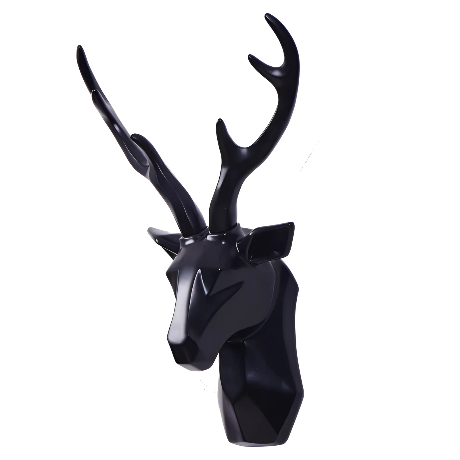 Modern geometric wall art depicting a 3D deer head with gold antlers and black accents, measuring 50x57cm.