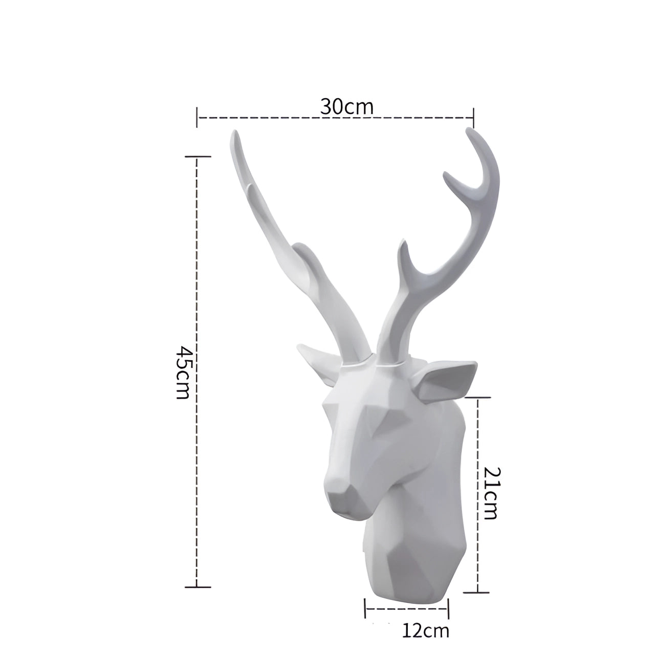 Golden 3D geometric deer head art with prominent antlers, designed as a modern stag decor piece, displayed in white color, measuring 50x57cm.