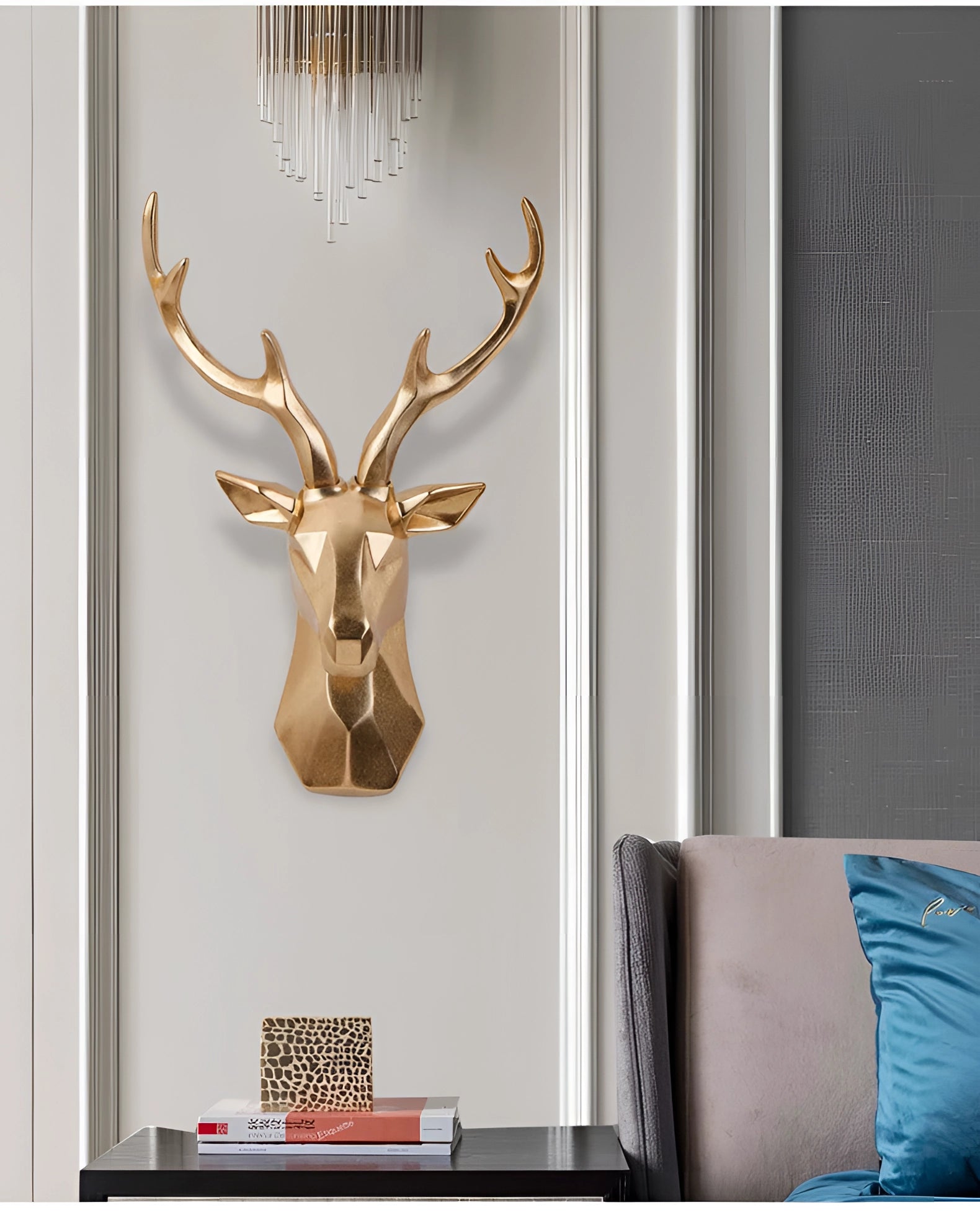 Gold 3D Deer Head Art featuring a modern geometric design of a stag with prominent antlers, crafted from natural wood materials, displayed in a rectangular frame.