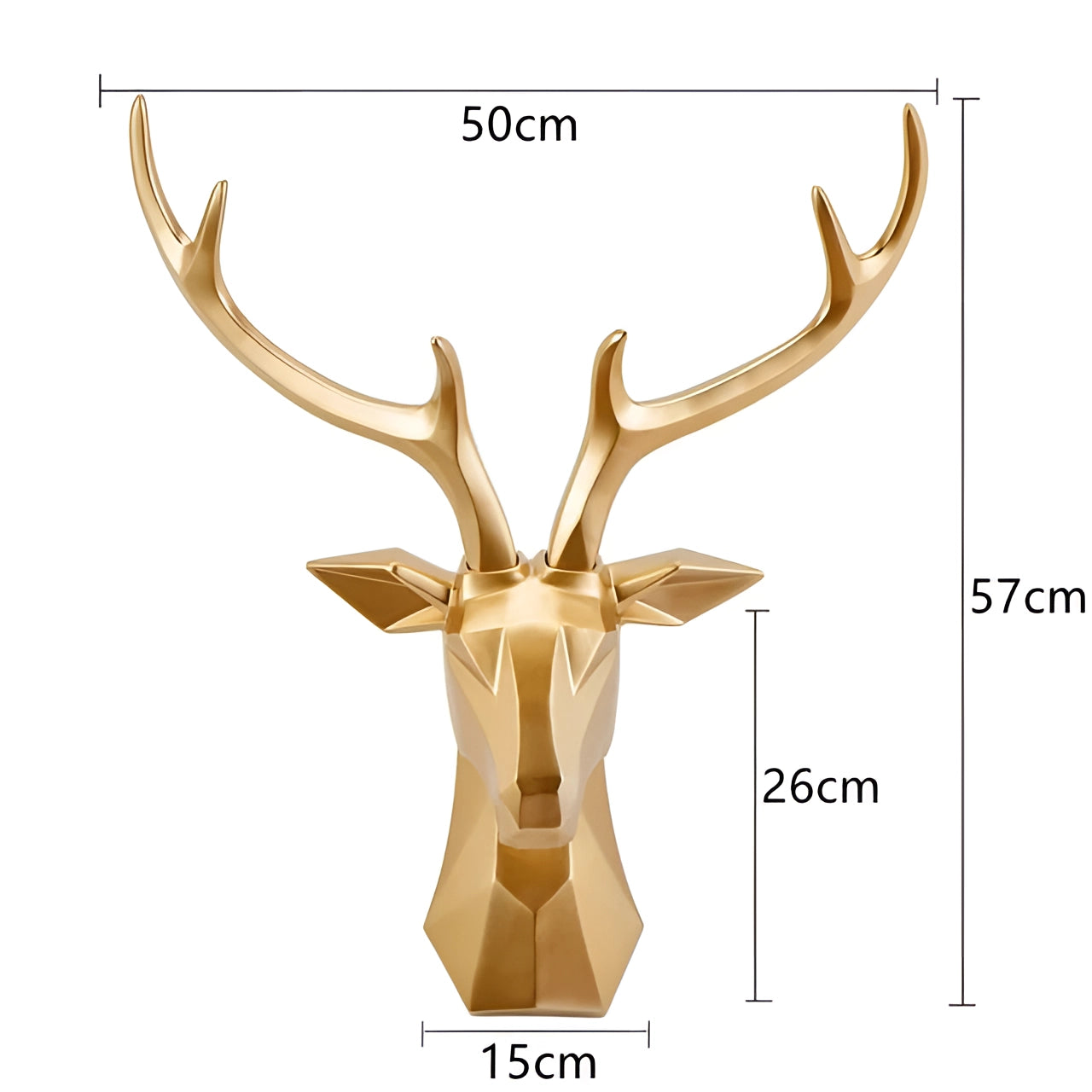Gold 3D geometric deer head art sculpture, featuring intricate design and symmetrical antlers, crafted to resemble a modern stag decor piece, measuring 50x57cm.
