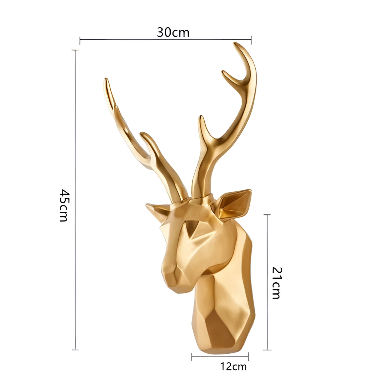 Geometric 3D deer head sculpture with gold finish, featuring prominent antlers and a modern artistic design, ideal for home decor.