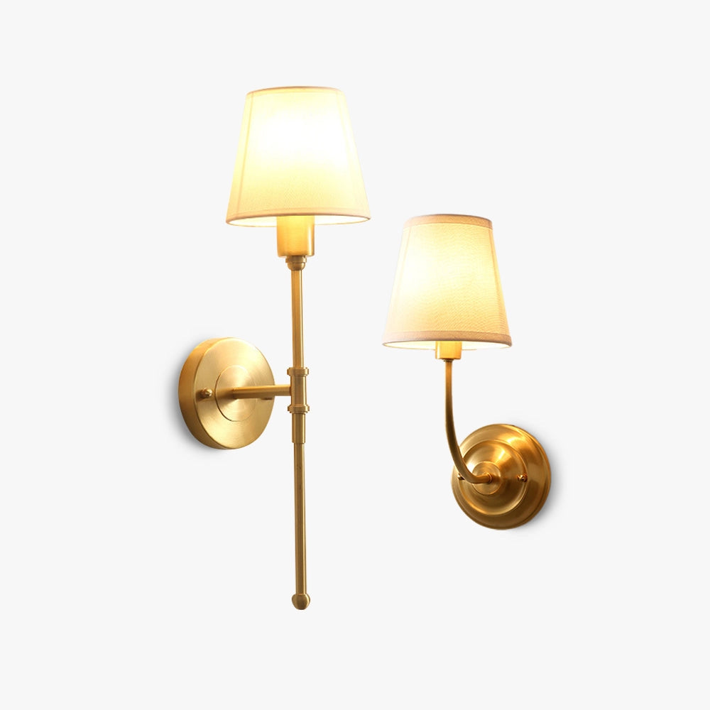 Gold adjustable wall lamp with a luxury fabric shade, mounted on a wooden surface, featuring a sleek metal design and elegant ceiling fixture, casting warm light through its tinted lampshade.
