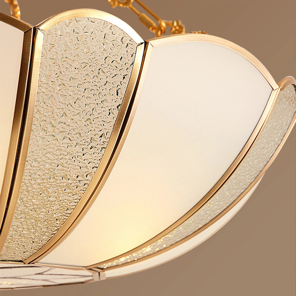 Gold Art Deco semi-flush ceiling light featuring a frosted glass shade with gold metal accents and an elegant circular design.