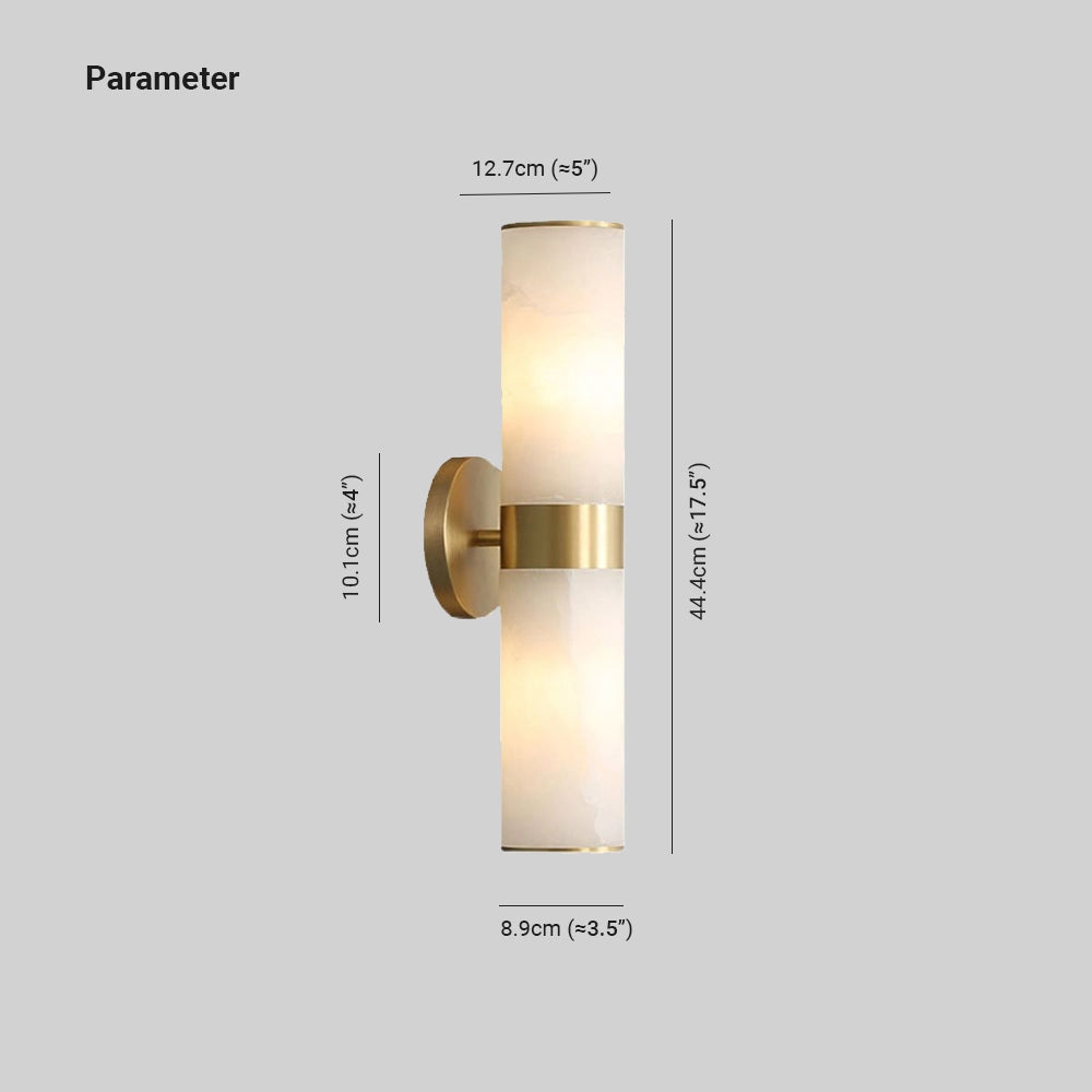 Gold bathroom sconce with a cylindrical frosted glass shade mounted on a rectangular metal base.