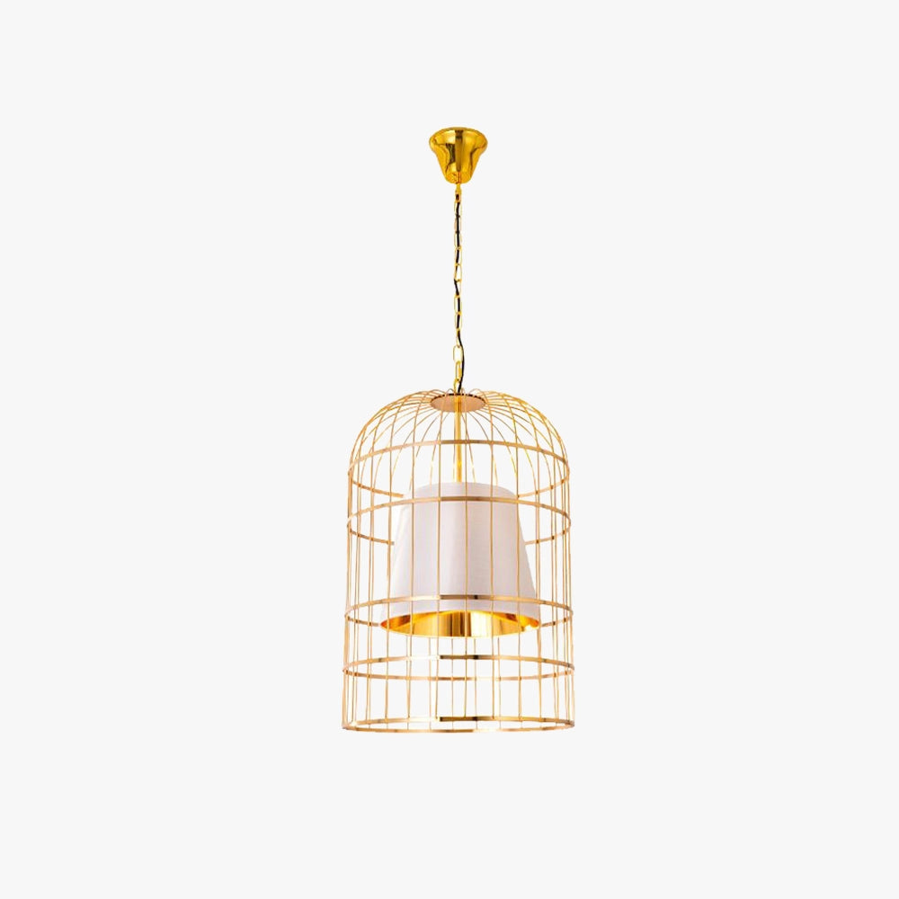 Gold birdcage chandelier with a modern design, featuring a pendant light fixture made of metal, suitable for dining room ceiling installation.