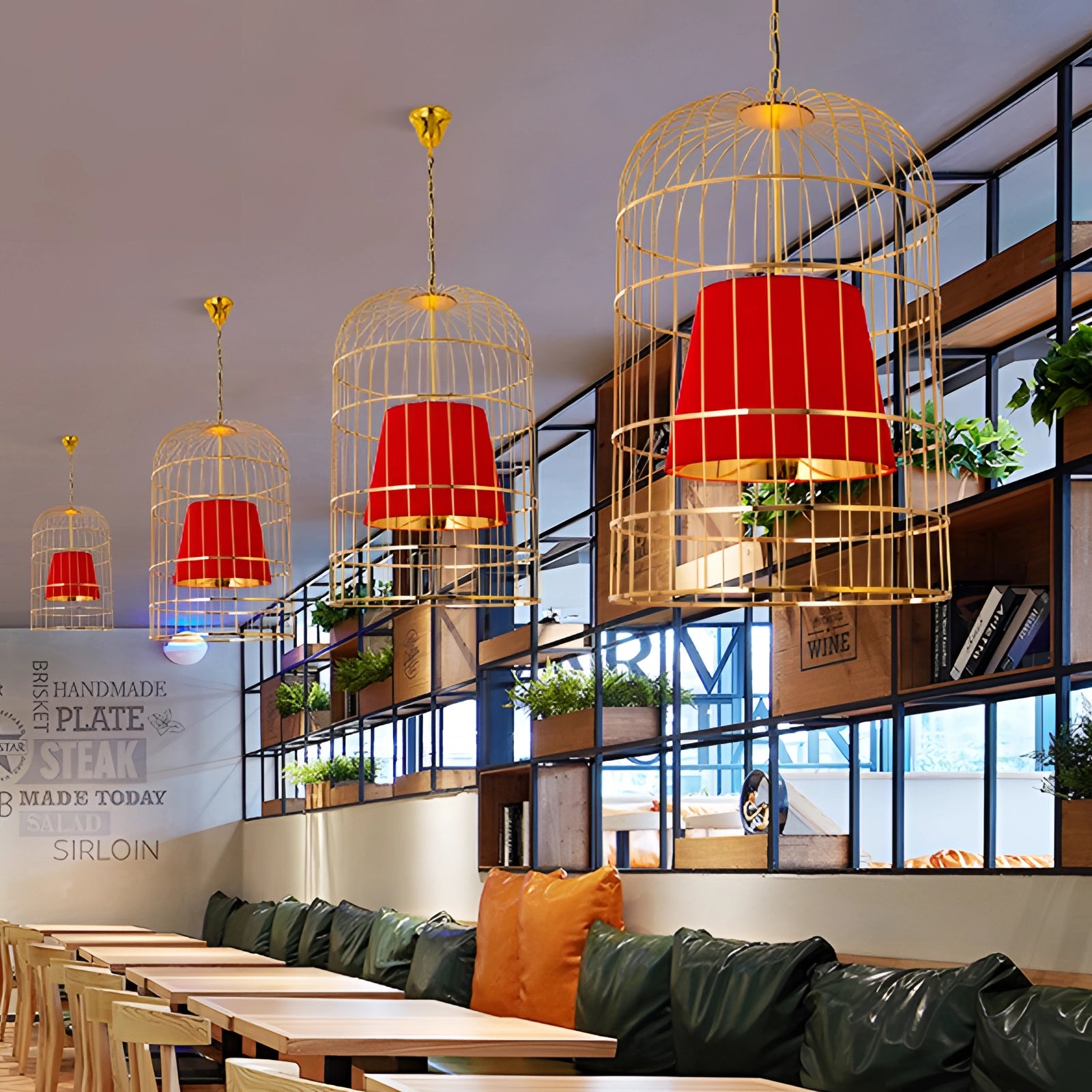 Modern Gold Birdcage Chandelier with a Red Finish, Measuring 18.1 Inches, Suspended in an Urban Dining Room Setting