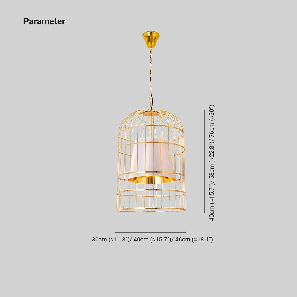 Gold birdcage chandelier with a modern design, featuring a rectangular metal frame and intricate ornamental details, elegantly hanging as a ceiling fixture, illuminating the dining room with its stylish pendant light.