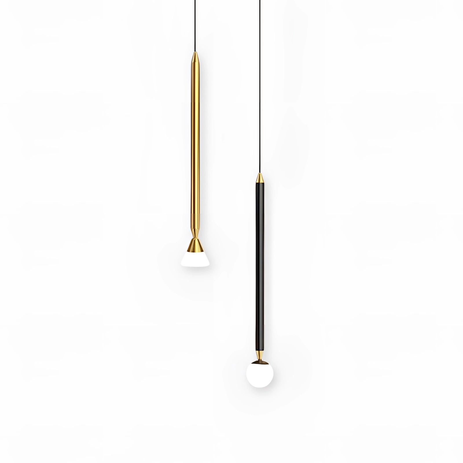 Gold and black modern vertical pendant light with an elegant design, featuring a sleek metal finish, suitable for ceiling installation as a stylish and contemporary lighting fixture.