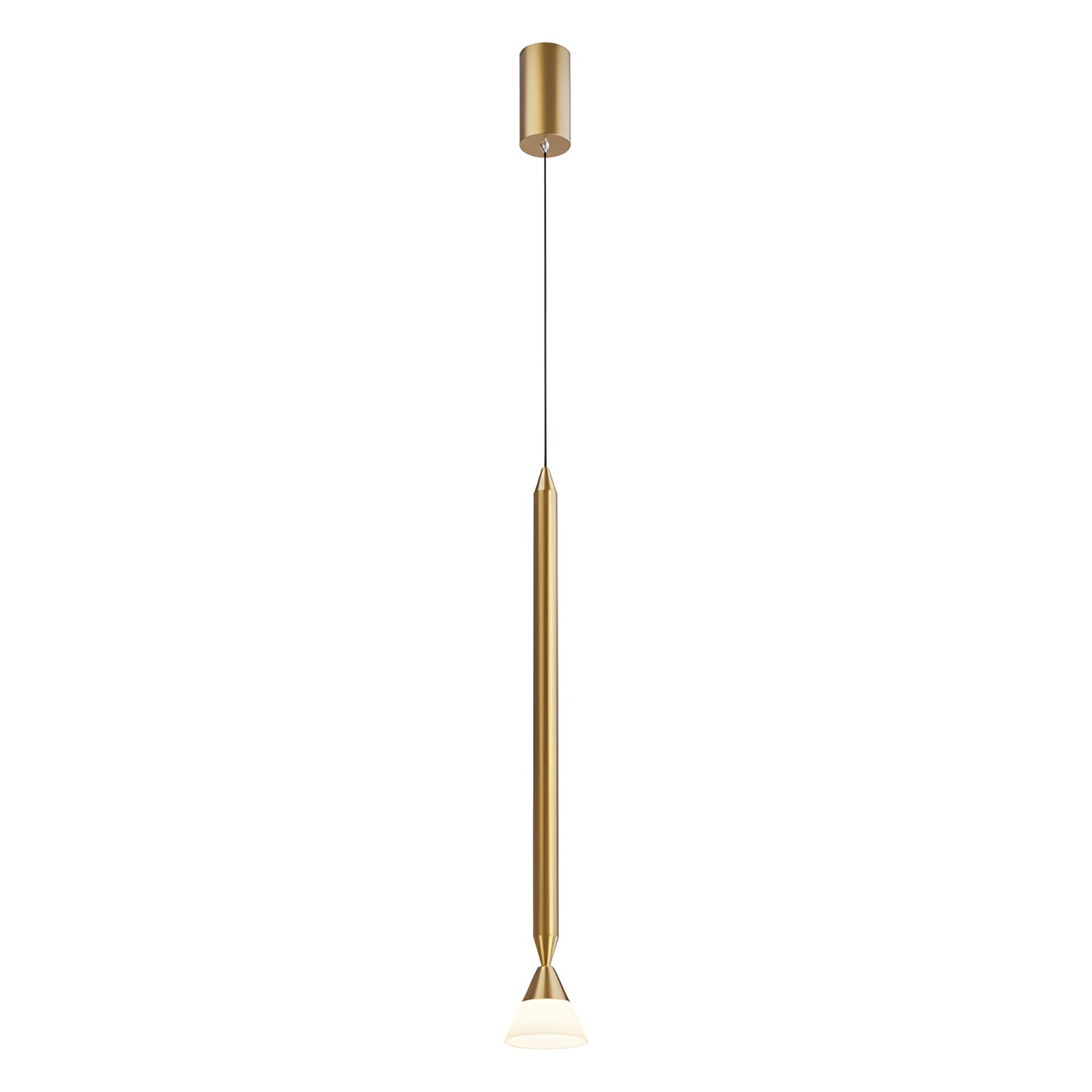 Gold and black modern vertical pendant light with an elegant design, featuring metallic elements and a circular top, suspended from the ceiling.