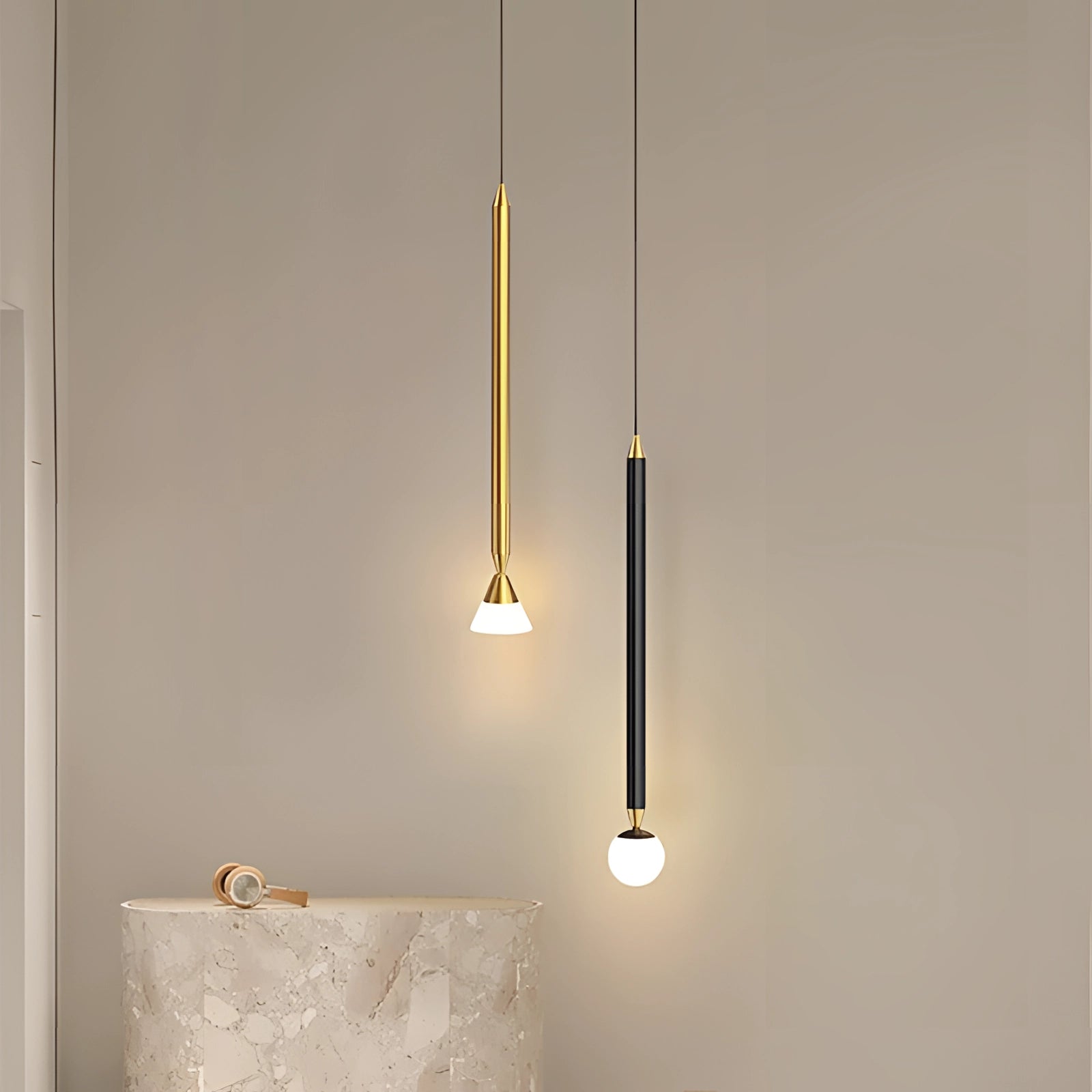Elegant gold and black modern vertical pendant light with a rectangular wooden lampshade, designed as a ceiling fixture to provide ambient lighting with a sleek and sophisticated aesthetic.
