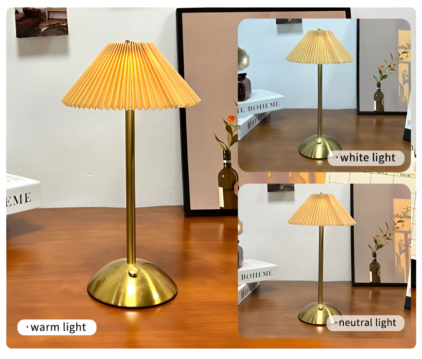 A gold brass floor lamp with a pleated shade in a vintage mid-century retro style placed next to wooden furniture in a well-lit interior.