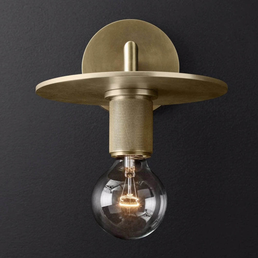 Gold Brass Wall Sconce with Geometric Glass and Vintage Bulb, Flat Armed Industrial Minimal Design, Mounted on Wooden Surface