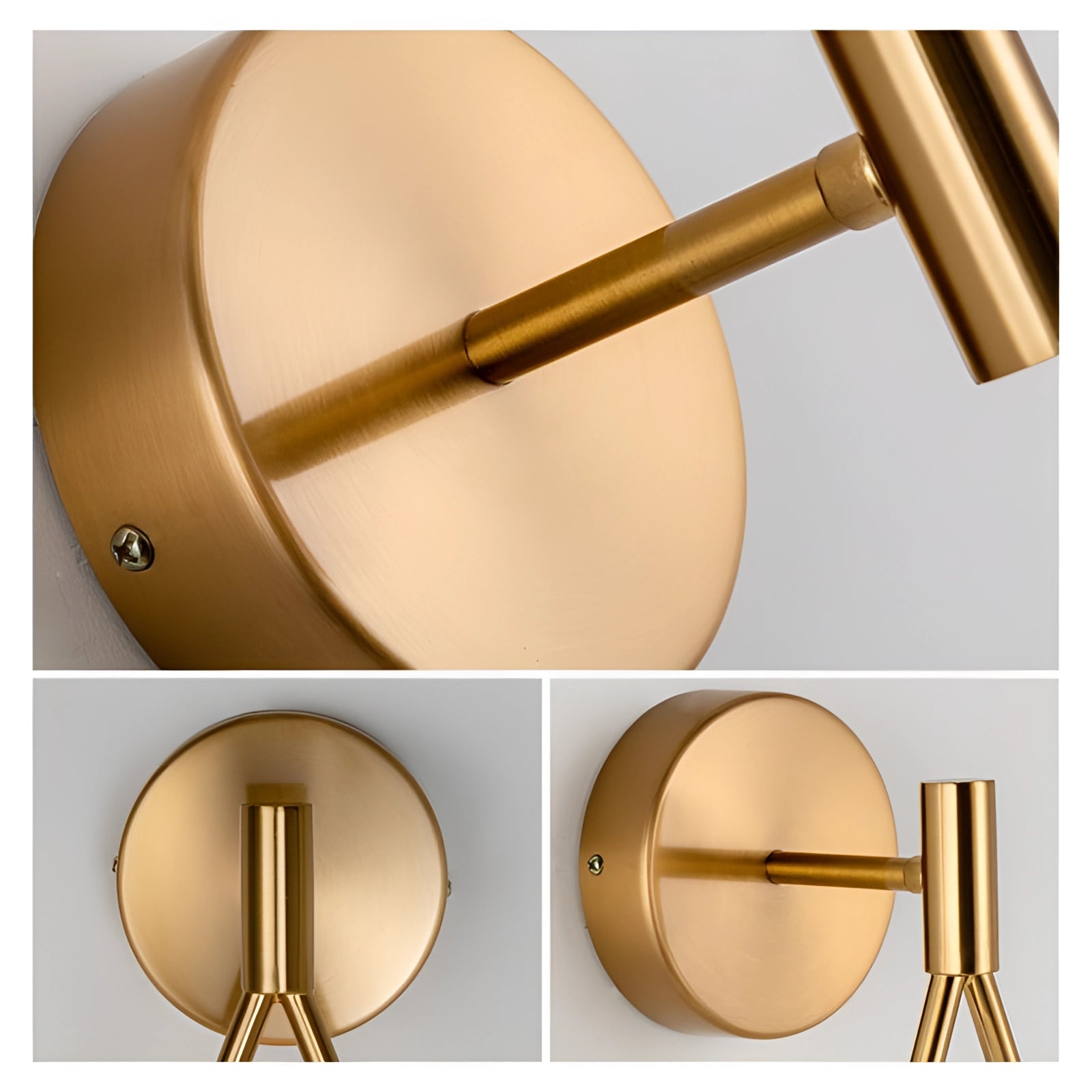 A modern geometric globe lamp made of gold brass is mounted on a wall, featuring a sleek and luxurious design.