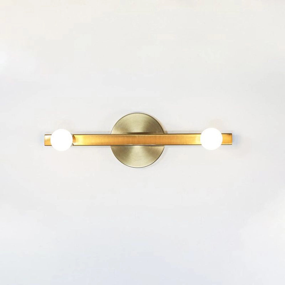 Gold dual globe wall sconce with a modern minimalist design, featuring brass construction and a switch-controlled option for three color changes.