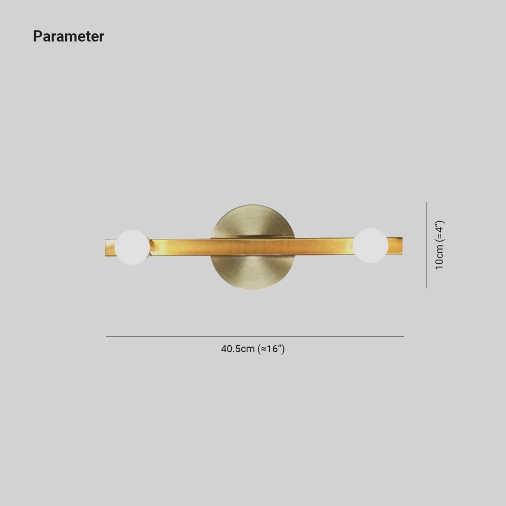 Gold dual globe wall sconce featuring a modern brass design with minimalist lighting, showcasing two spherical glass globes mounted on a sleek brass frame.