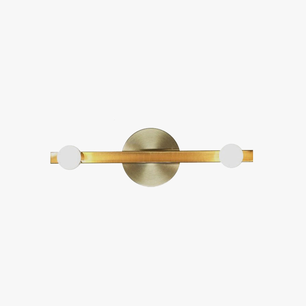 Gold dual globe wall sconce with a modern minimalist design featuring brass metal accents, mounted on a wooden wall.