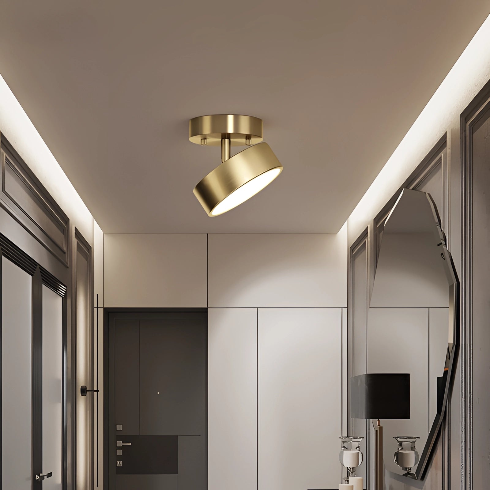 Modern minimalist circular gold LED flush mount ceiling light fixture installed on a wooden ceiling in a contemporary interior design setting.