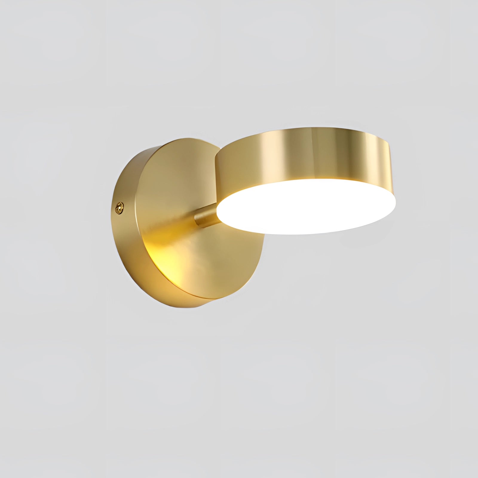 Gold LED wall lamp with a modern brass finish, featuring an adjustable spotlight design and circular and rectangular metal elements.