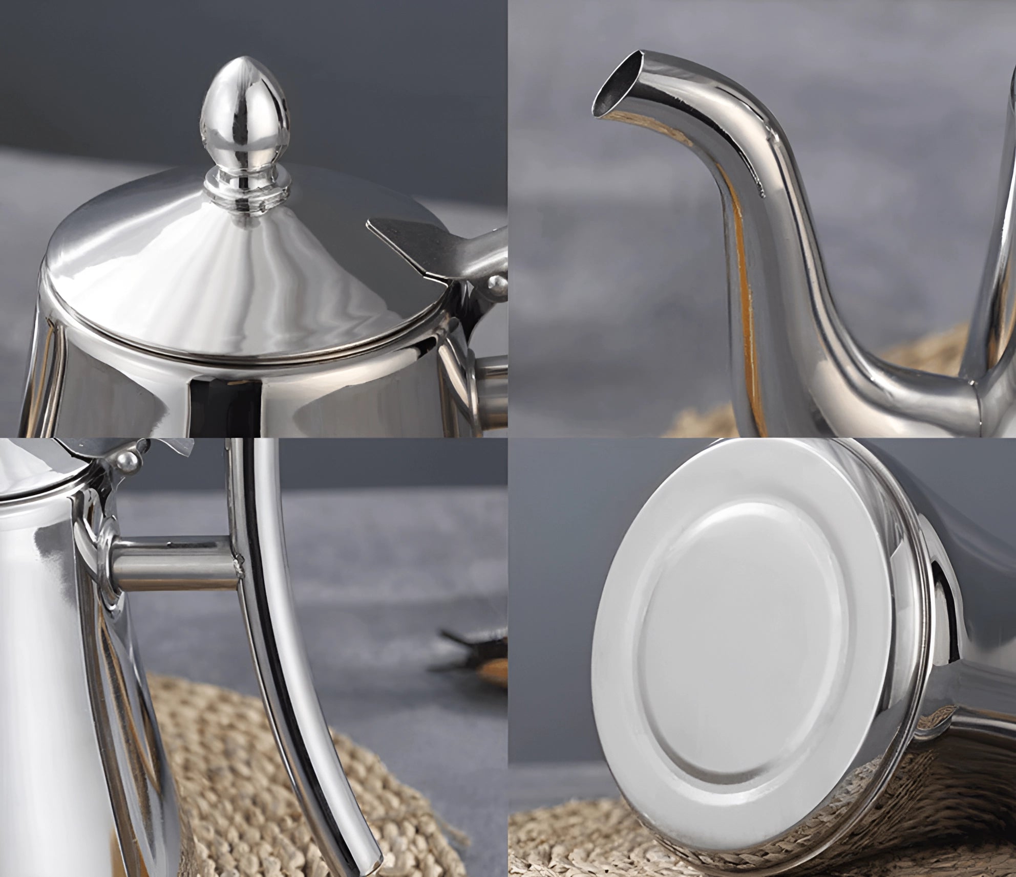 Gold stainless steel teapot with a modern and elegant design, displayed on a white surface, surrounded by various dishware and serveware items.