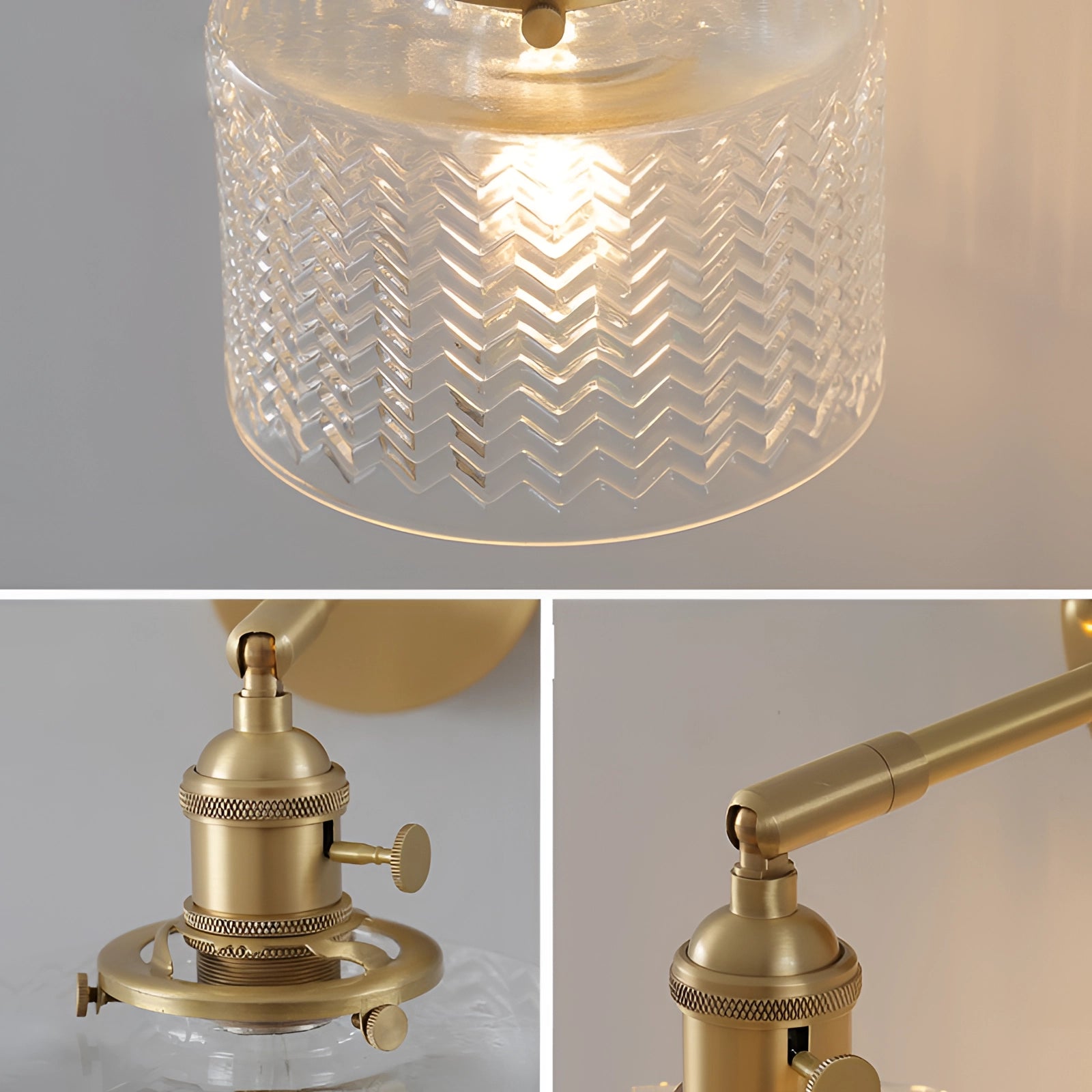 Green Chevron Wall Lamp with Brass Sconce featuring a geometric pattern, illuminated and emitting a warm yellow light, with a rectangular metal backplate.
