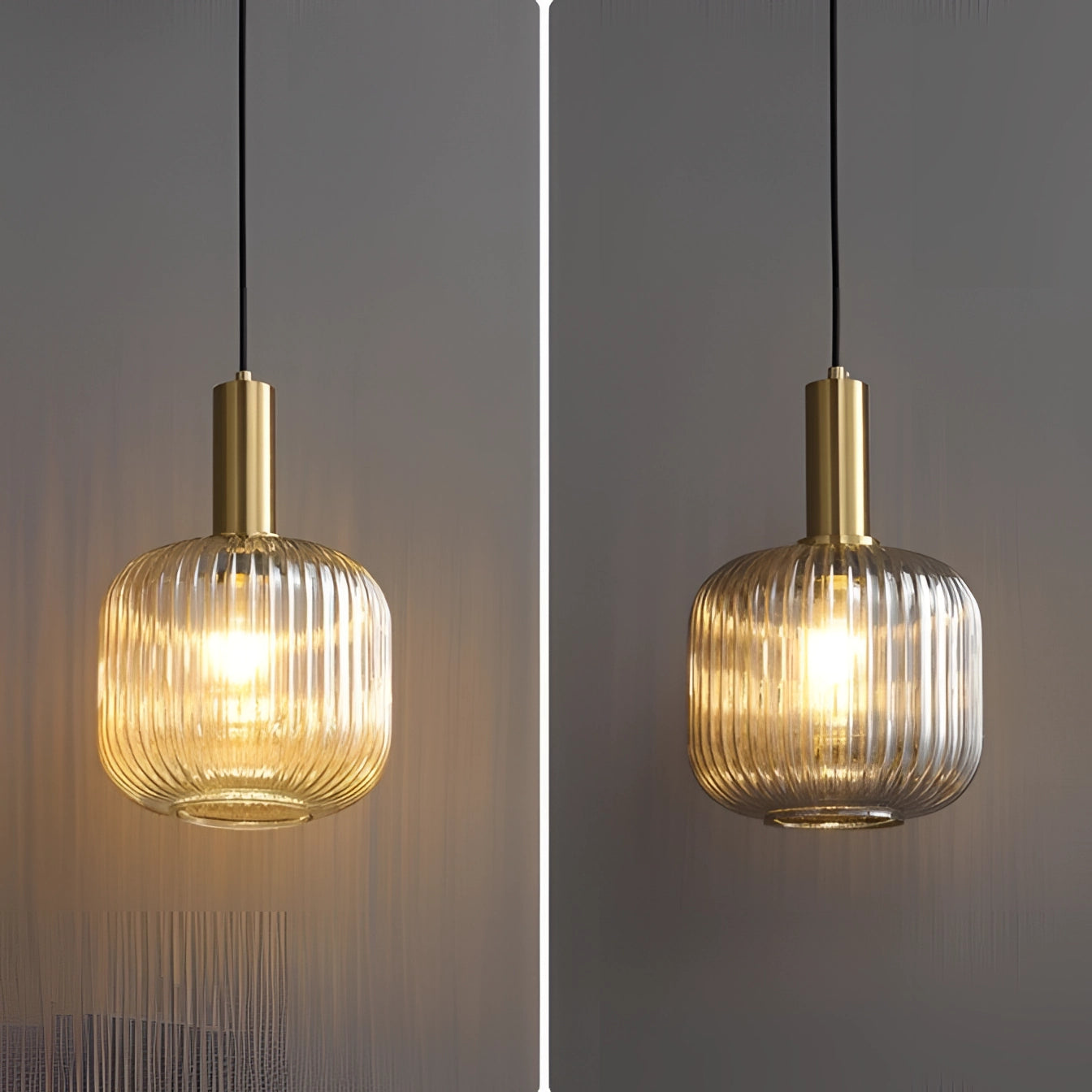 Modern Scandinavian Green Ribbed Glass Pendant Light with Gold Accent hanging from ceiling, emitting soft light, ideal for contemporary interiors.
